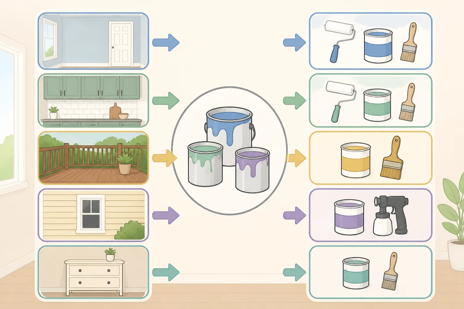 Illustration of a decision chart that matches DIY projects like touch-ups, fuel tanks, and full resprays to the correct paint system such as conventional 1K aerosol or compatible basecoat/2K clear.