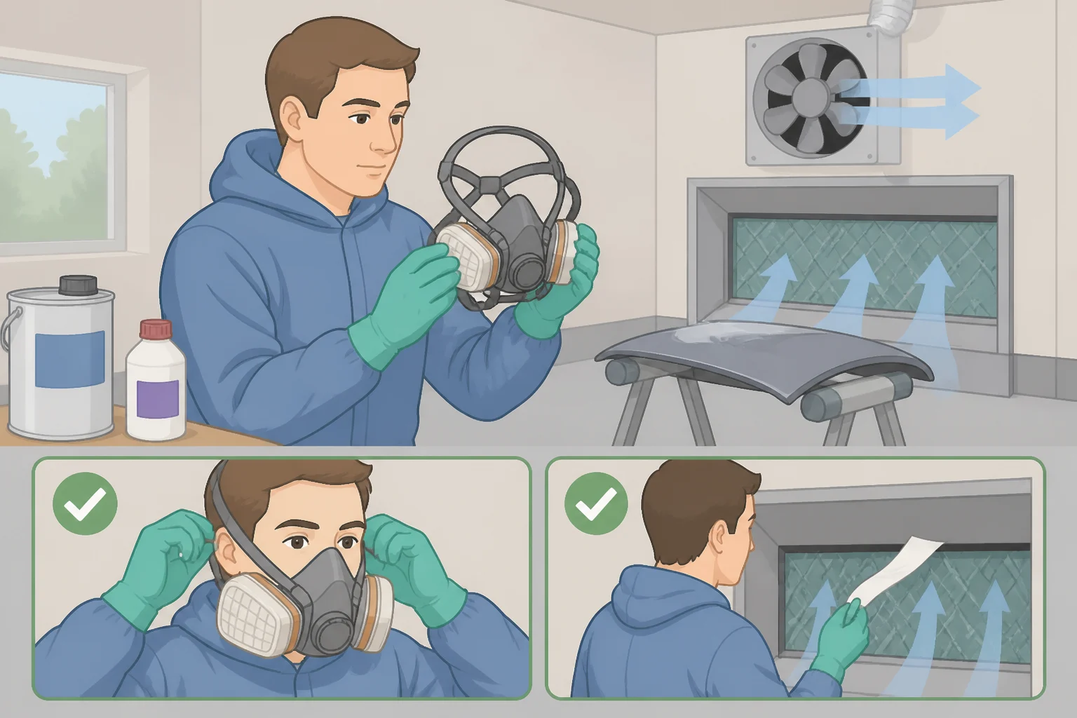 Illustration of a home garage spray area with extraction fan, eye protection, and an air-fed respirator needed for isocyanate-containing 2K clearhighlighting why the easiest car paint to use for DIY still requires the right PPE and ventilation.