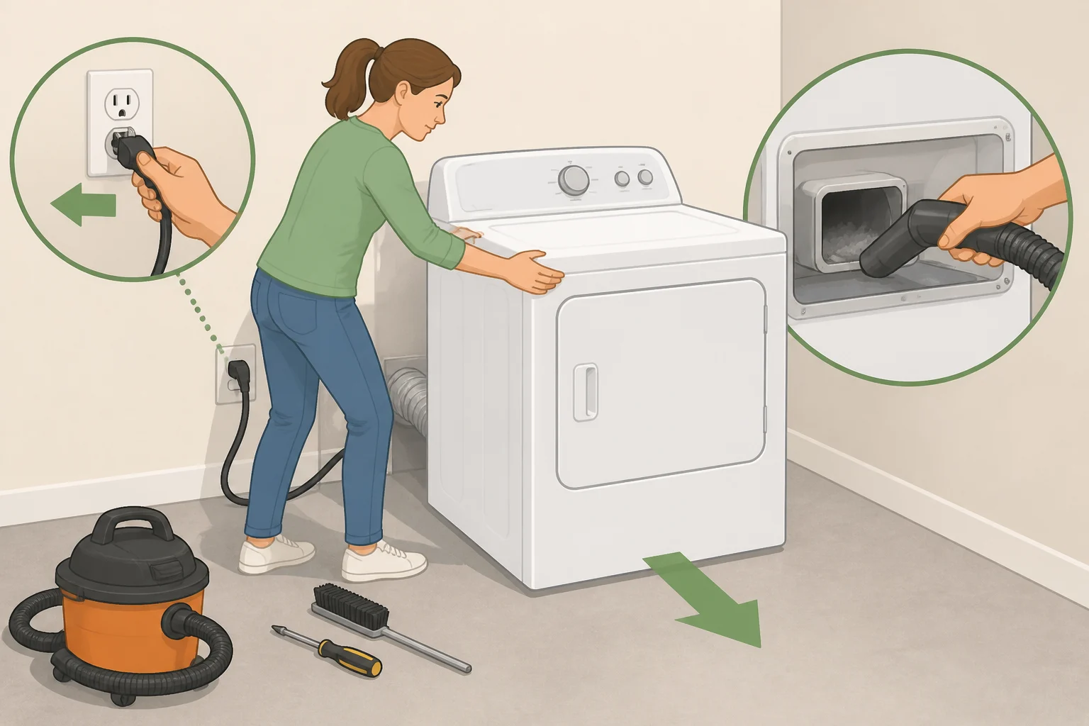 Illustration of a dryer pulled a few inches from the wall with gloves on, power unplugged, and a vacuum with a hose attachment cleaning near the lint trap housing before the duct is disconnected