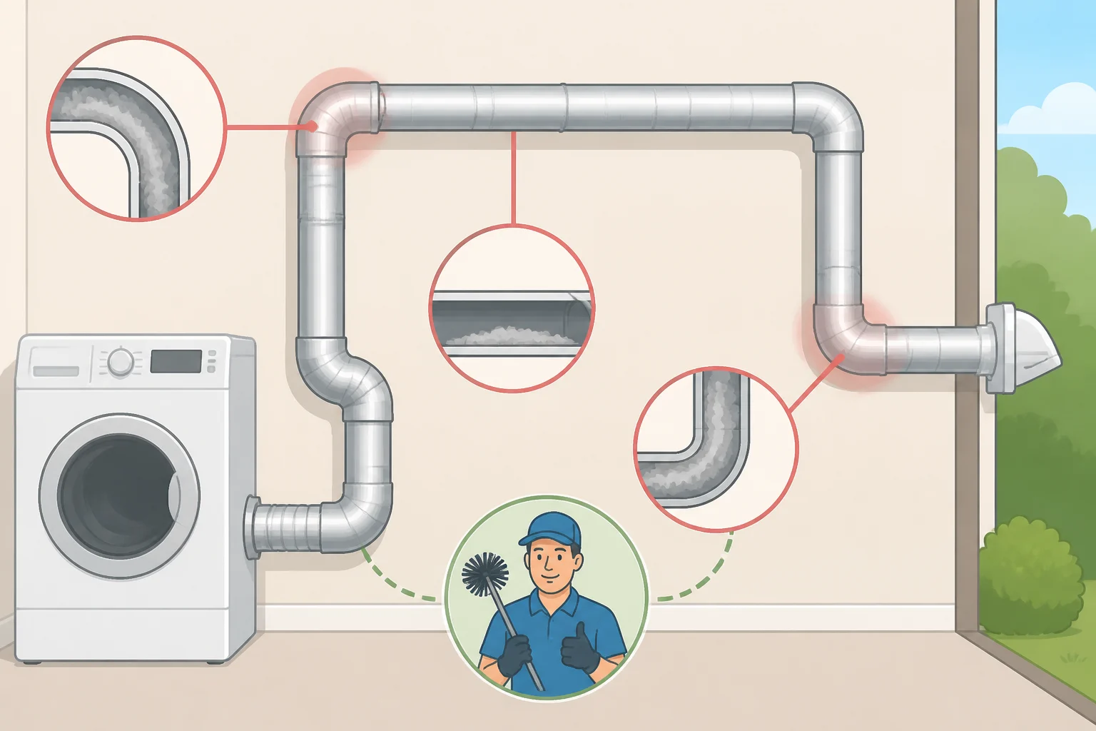 Illustration showing a dryer exhaust duct with a long, complicated run and hard-to-reach sections, indicating when to call a professional for safer vent cleaning