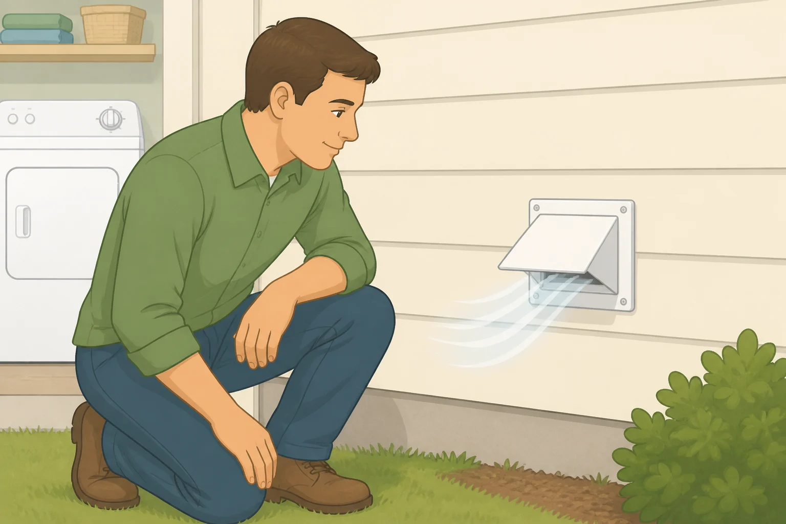 Illustration of a homeowner stepping outside while the dryer runs to check that the exterior vent flap opens and air comes outused as a key sign for how to clean a dryer vent
