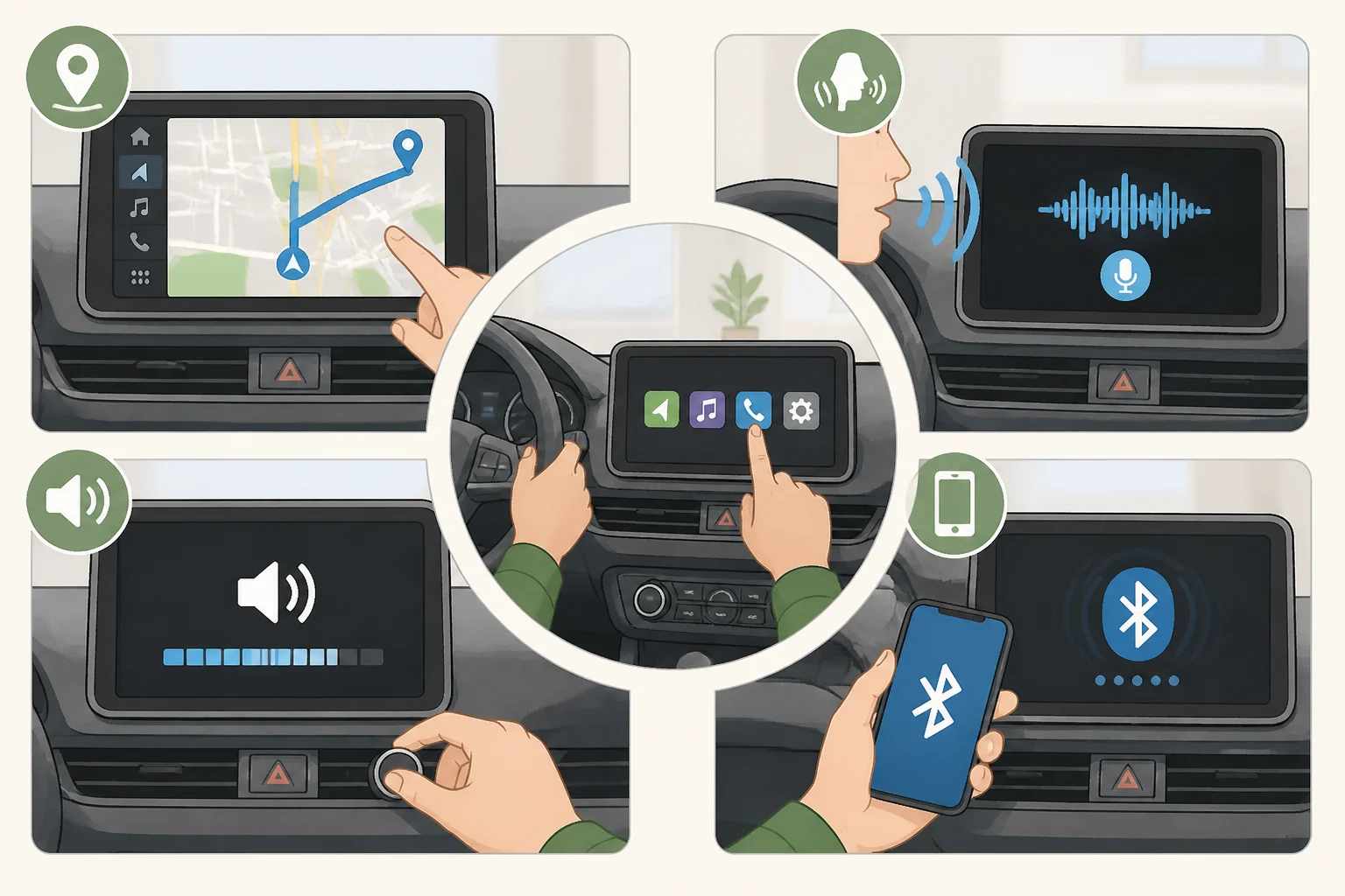 Checklist-style illustration of a driver testing navigation on a new route, voice control, consistent volume across podcast/radio/calls, and wireless CarPlay or Android Auto pairinguseful for choosing the best car infotainment system 2026