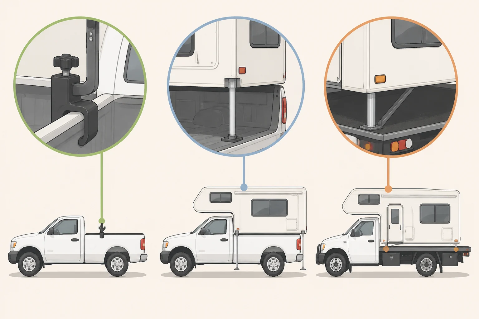 Comparison diagram showing three pickup camper approaches: a bed-rail mounted two-level trunk system, a slide-in camper, and a flatbed tray conversion after bed removal
