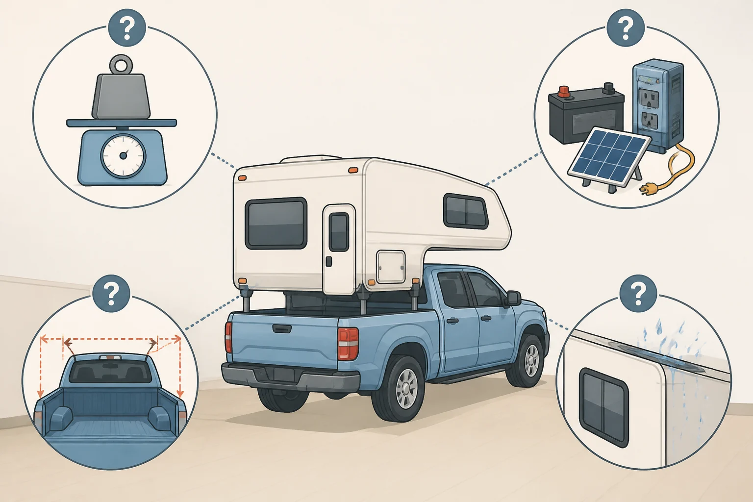 Checklist-style infographic showing missing specifications for the pickup-mounted camper, including truck fitment, installed weight, power source, manual backup operation, and weatherproofing