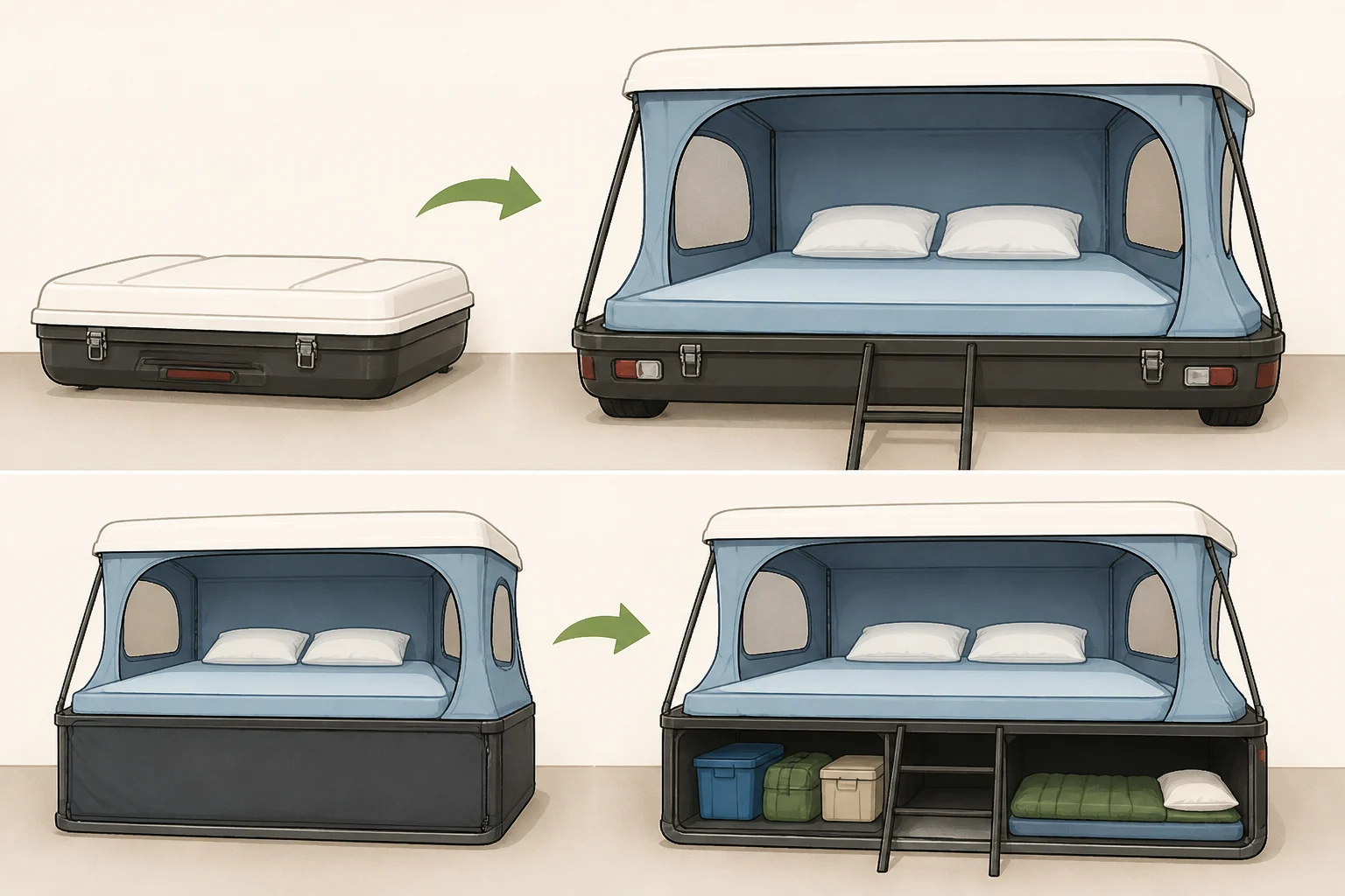 Cutaway-style illustration of the Wild Land PickupMate Trunk camper upper sleeping platform and lower storage/living area after deployment