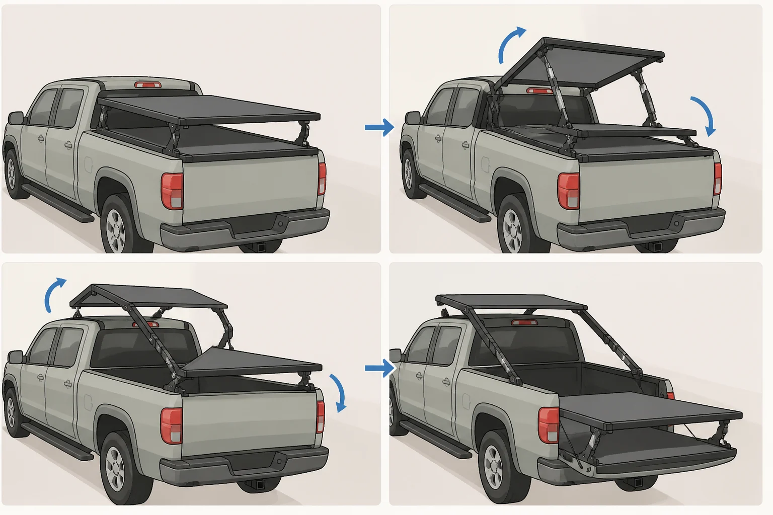 A side-by-side view of the Wild Land PickupMate Trunk camper electro-actuated frame hinging and split-folding over the cab and tailgate into a two-level setup