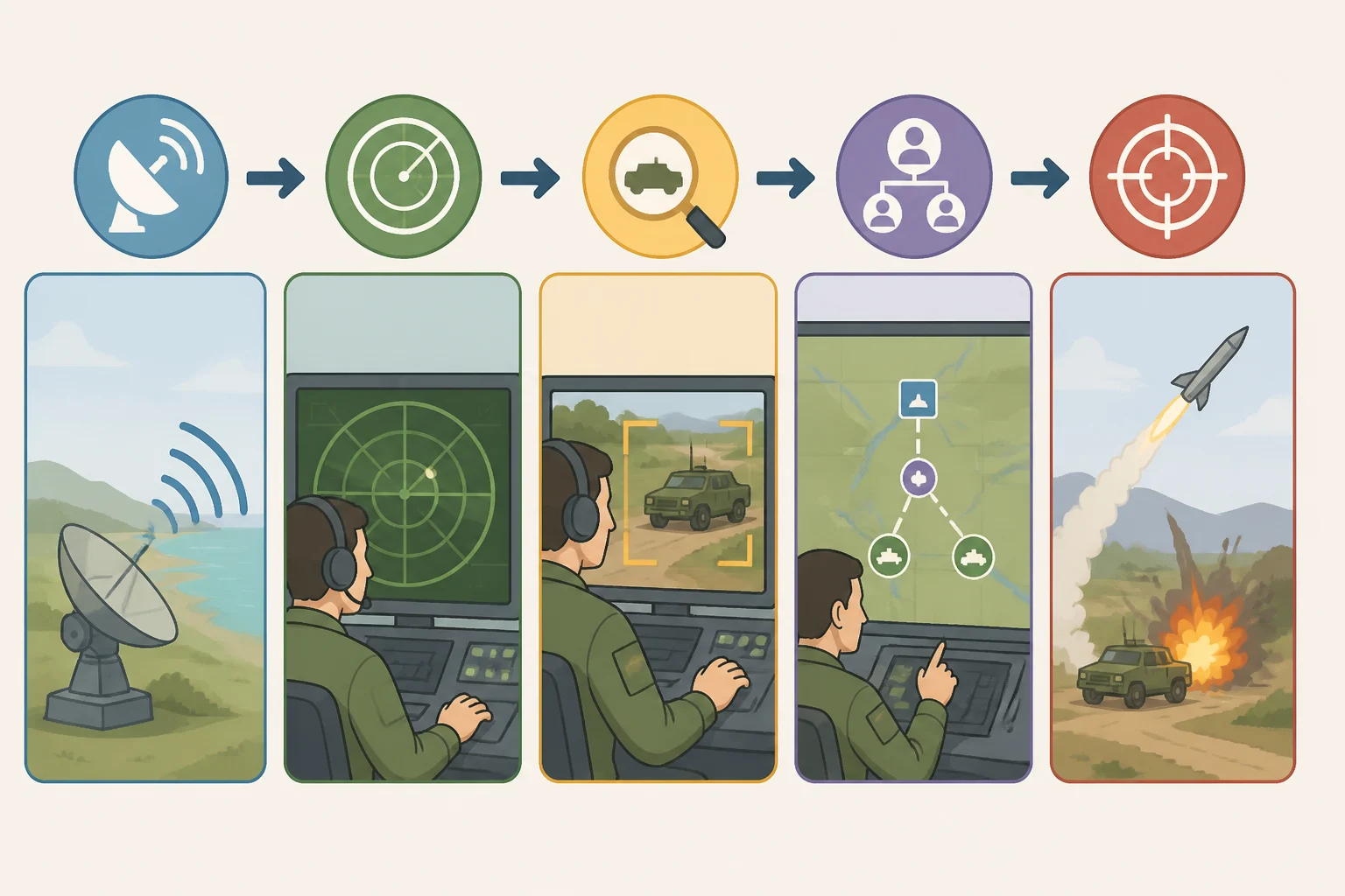 Illustration of the MADIS sensor-to-shooter kill chain: detect, track, identify, assign a weapon, and engage a drone using data shared between the two JLTVs