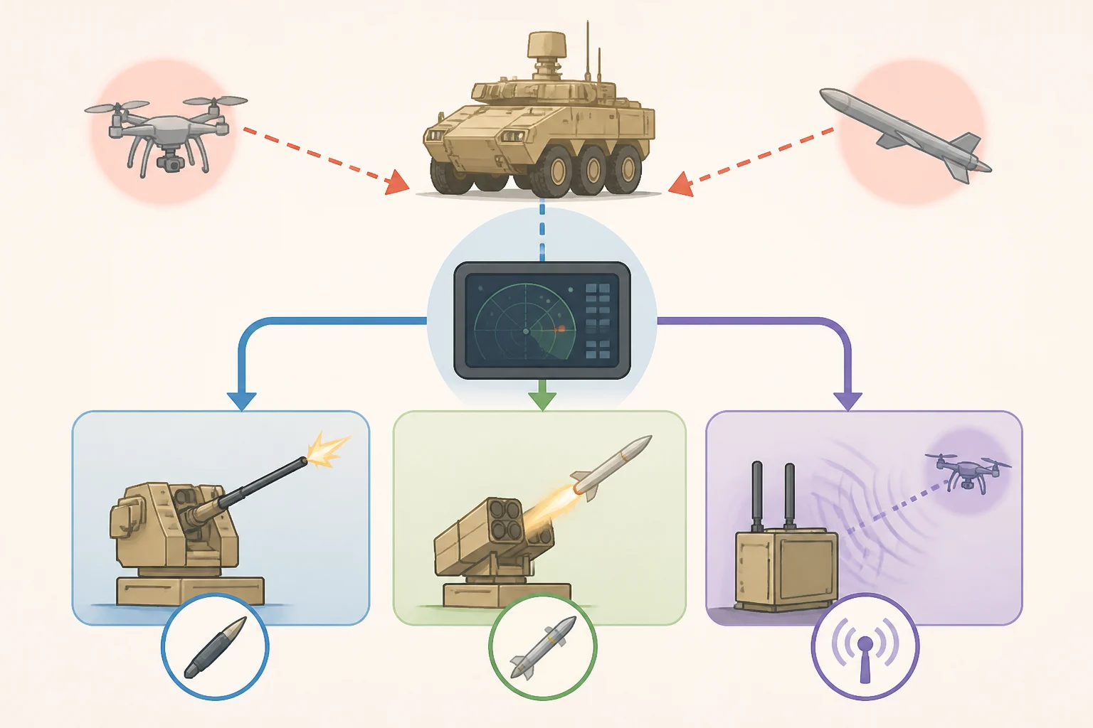 Illustration of MADIS full-rate weapon options including a 30 mm cannon, Stinger missile capability, and multifunction electronic-warfare equipment working together against drone targets