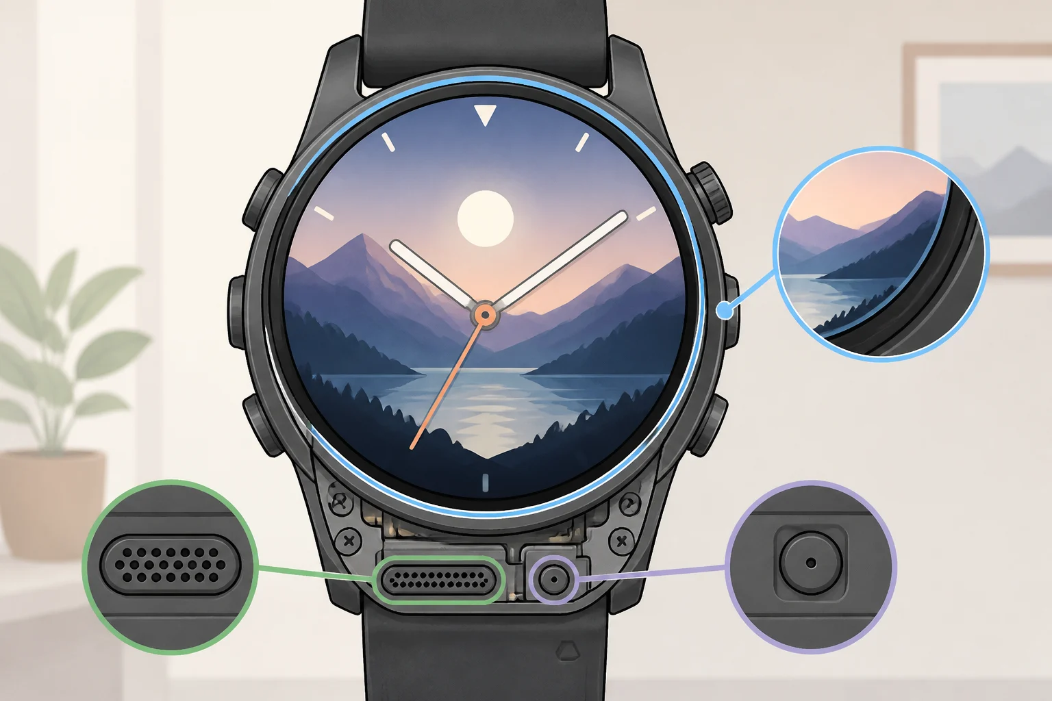 Close-up illustration of the Garmin MARQ Gen 3 showing the larger 1.4-inch borderless AMOLED display and built-in speaker and microphone