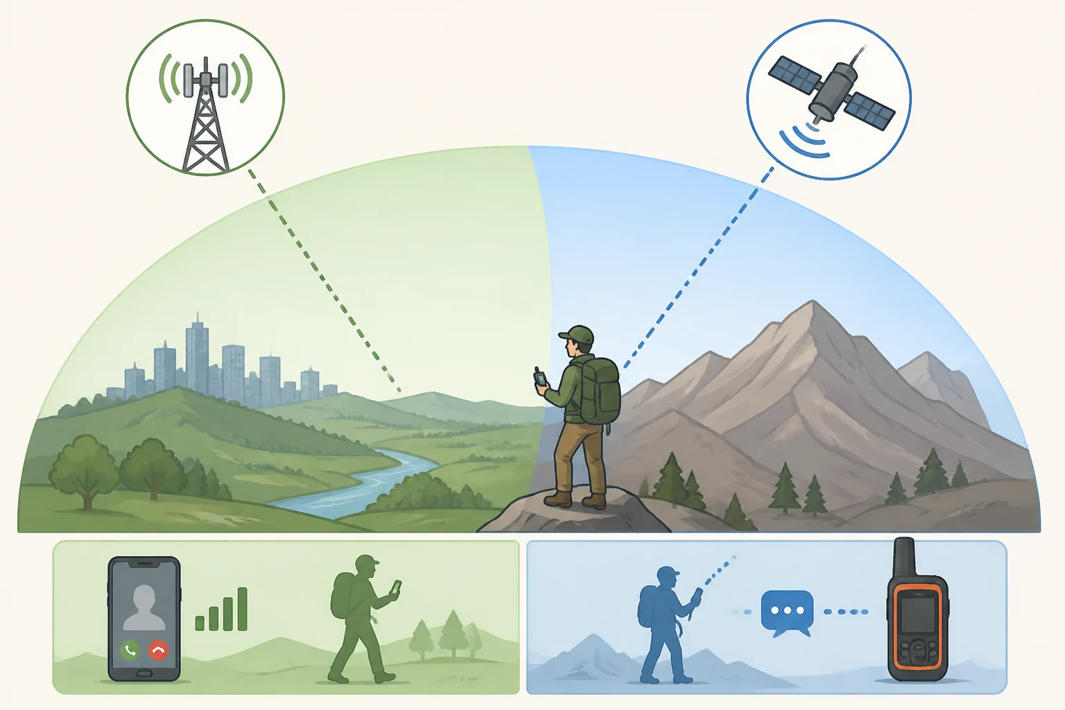 Diagram explaining LTE LiveTrack calling and messaging versus inReach satellite two-way messaging on Garmin MARQ Gen 3