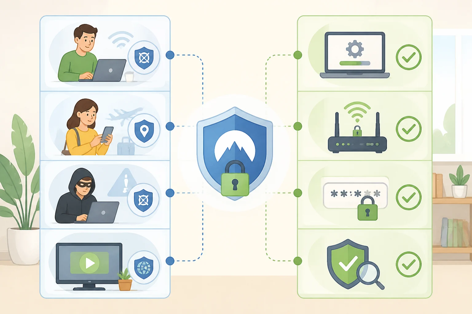 Checklist-style illustration of when a VPN helps mostpublic Wi-Fi and limiting ISP visibilityalong with complementary steps like MFA, software updates, and router security