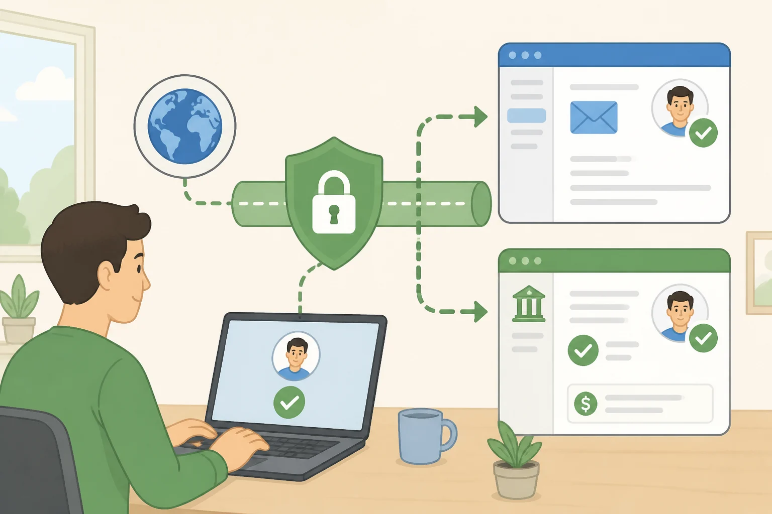 Graphic showing that even with a VPN, Gmail and online banking can still identify the account owner since identity is tied to the login session