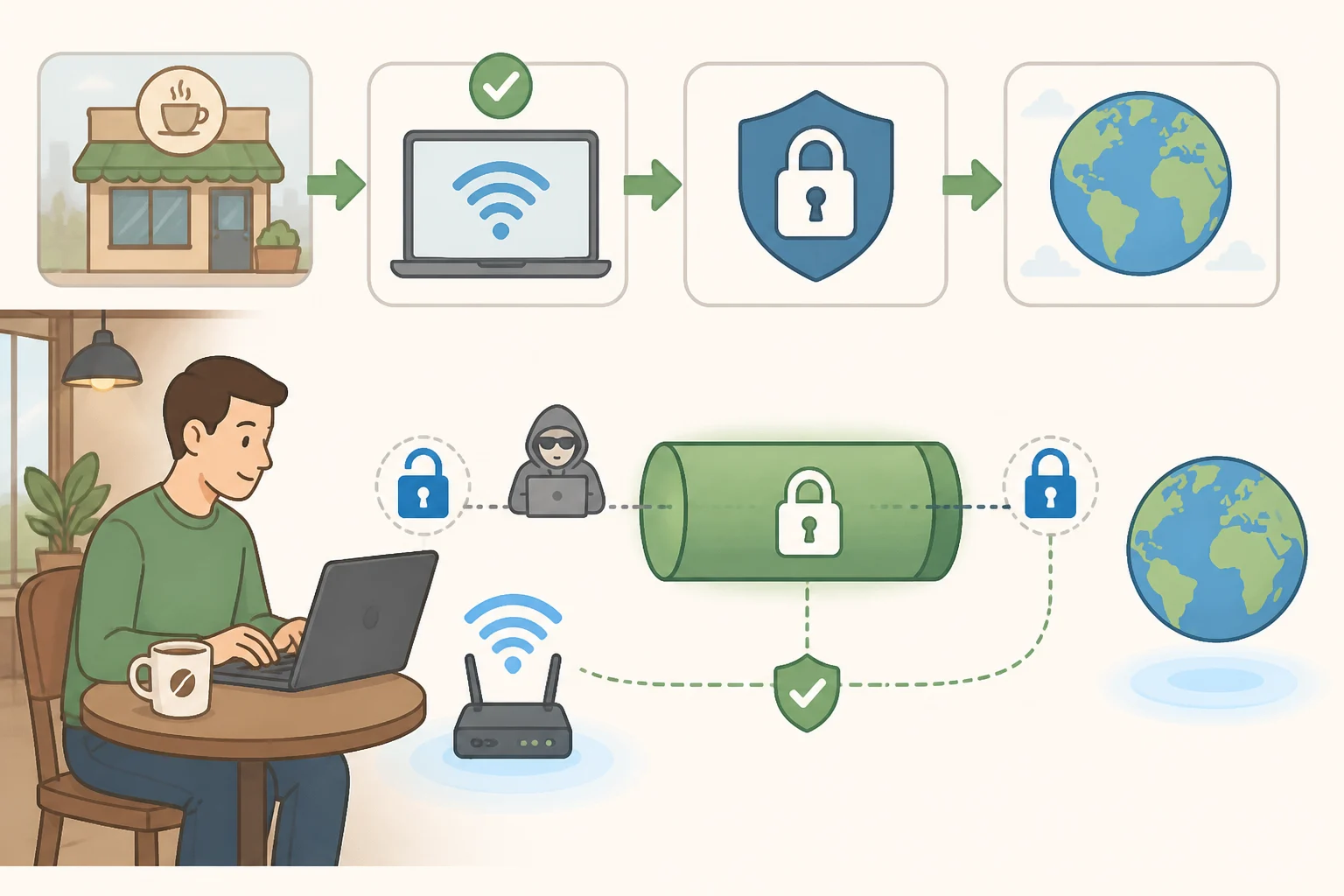 Illustration comparing HTTPS-only protection versus adding a VPN to encrypt the connection over public Wi-Fi and shift trust from the hotspot router to the VPN server