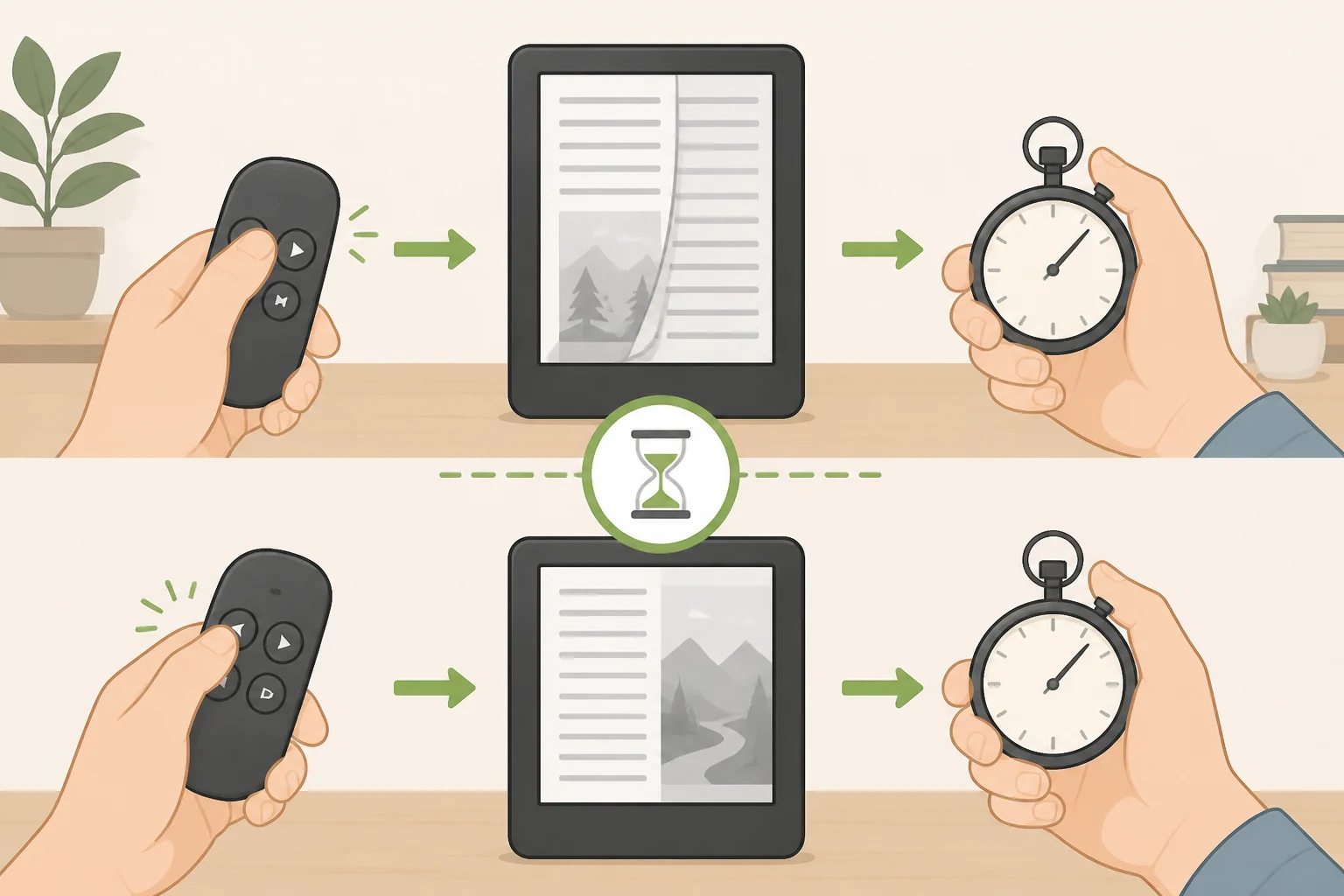 A stopwatch-style page-turn performance test showing delay between pressing a Kindle Click button and the page updating—an important Kindle Click page turner review benchmark