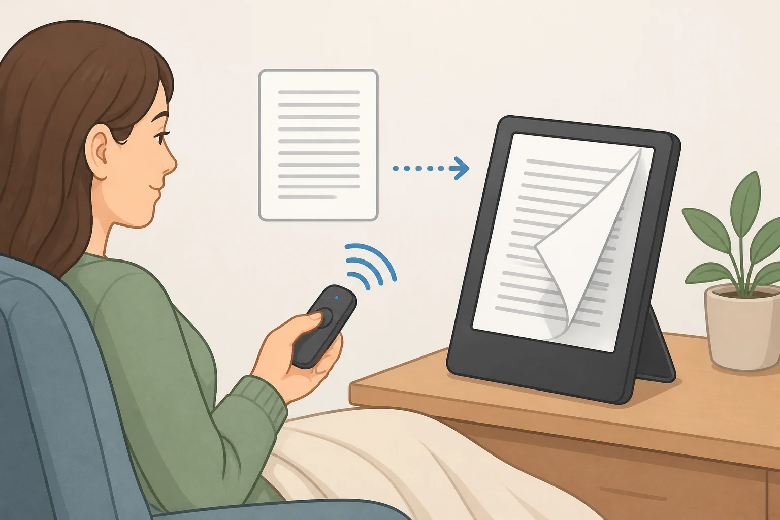 A hands-free Bluetooth page-turn remote connected to a Kindle, illustrating how the Kindle Click replaces tap-only page turning