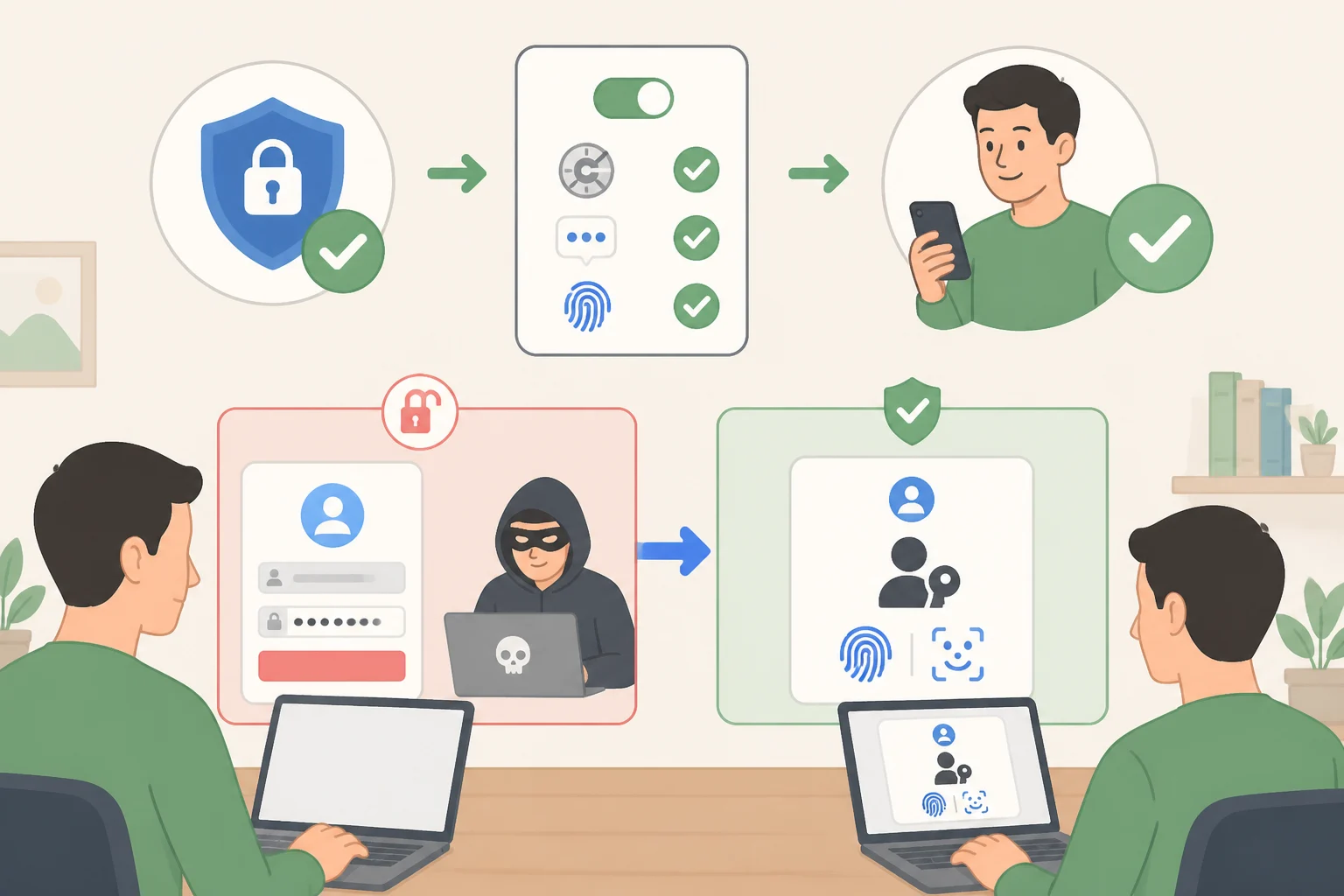 Illustration of a login flow where MFA is required and a passkey replaces a typed password, showing phishing-resistant authentication on a user's device