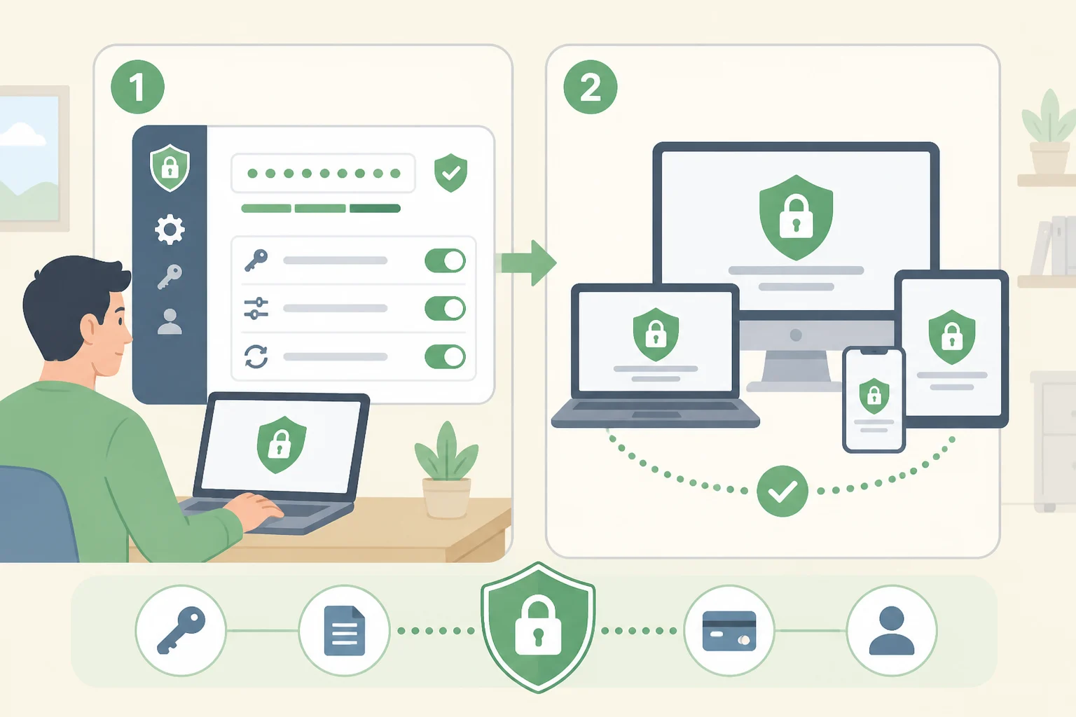 Screenshot-style illustration of a password manager settings panel with password generator length/randomness options and device sync turned on
