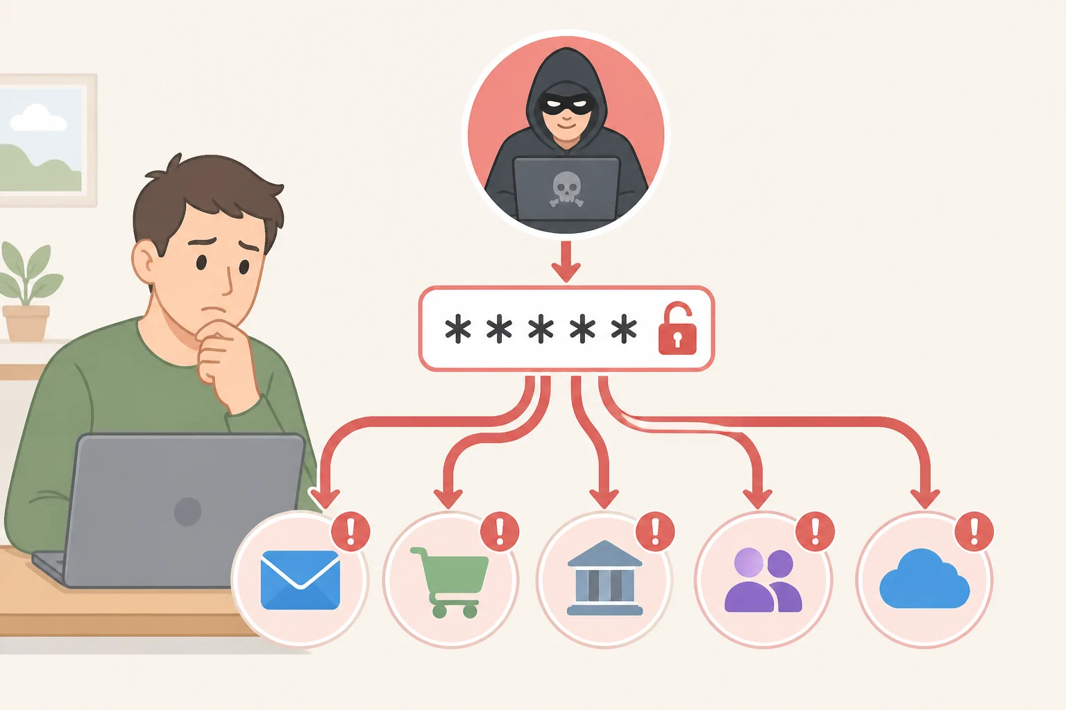 Diagram of one stolen password unlocking multiple accounts across different websites, illustrating how reused credentials increase breach impact