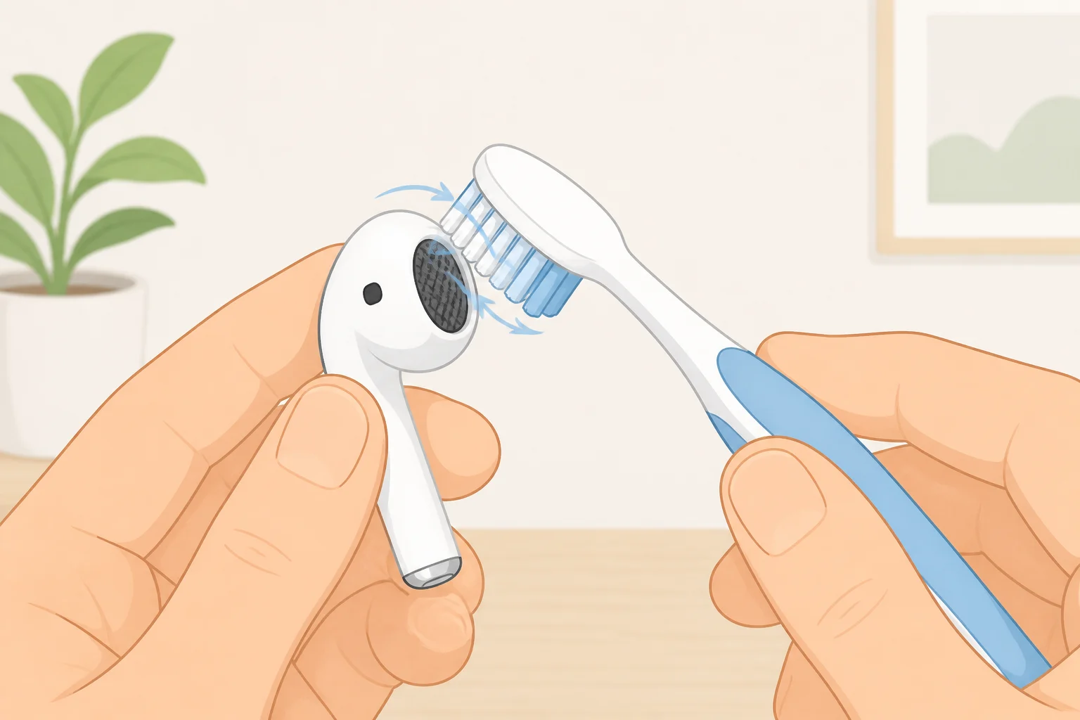 Close-up of a toothbrush brushing an earbud's mesh screen gently to avoid pushing wax deeper into the grille