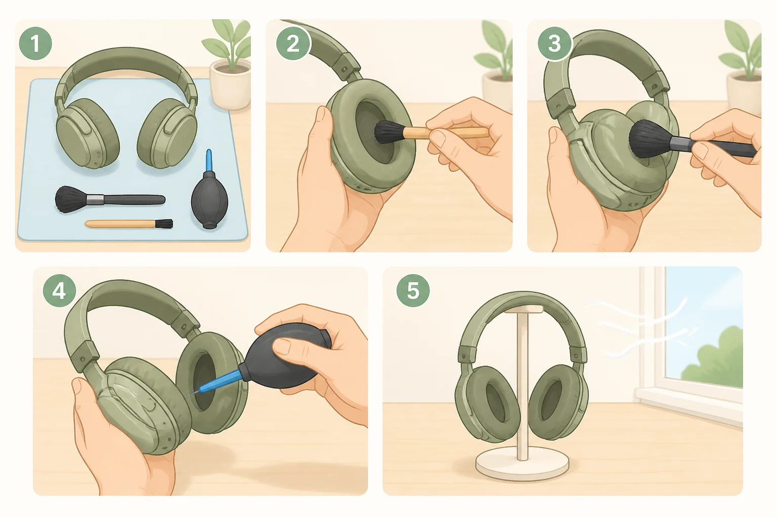 Diagram of the safe routine for how to clean headphones: wiping the exterior with a dry cloth, dry-brushing mesh, removing tips/pads, air-drying completely, and recharging only after everything is dry