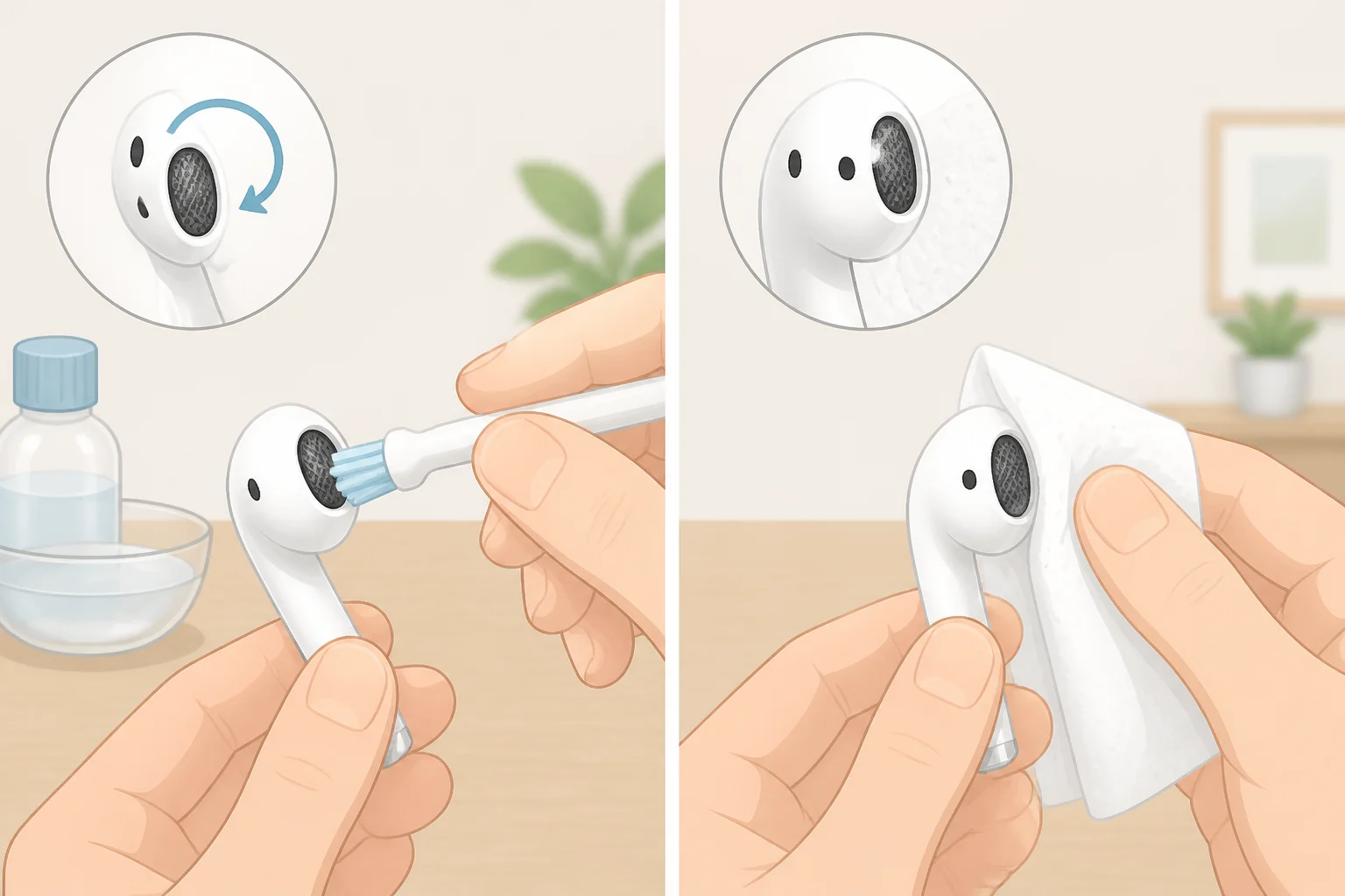 Step-by-step visual of the AirPods approved earwax removal method: brushing the mesh in circles, blotting on paper towel, then repeating for multiple passes