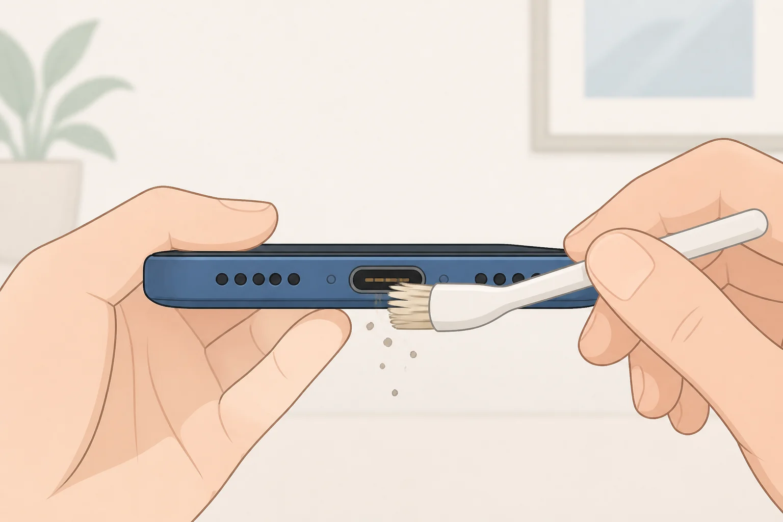 Illustration showing a dry soft-bristled brush clearing debris from the AirPods charging port without inserting anything into the metal contacts