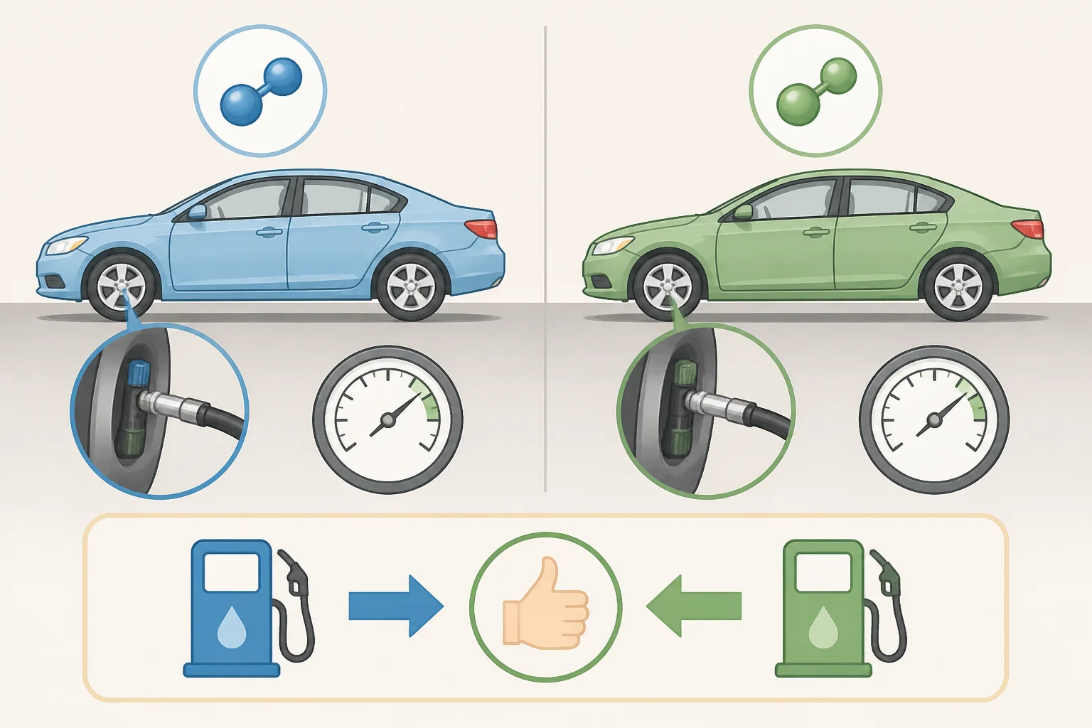 Comparison graphic showing nitrogen-filled and air-filled tires at the same target PSI producing the same fuel economy result—answering the question do nitrogen tires improve fuel economy with a clear no once pressure is maintained.