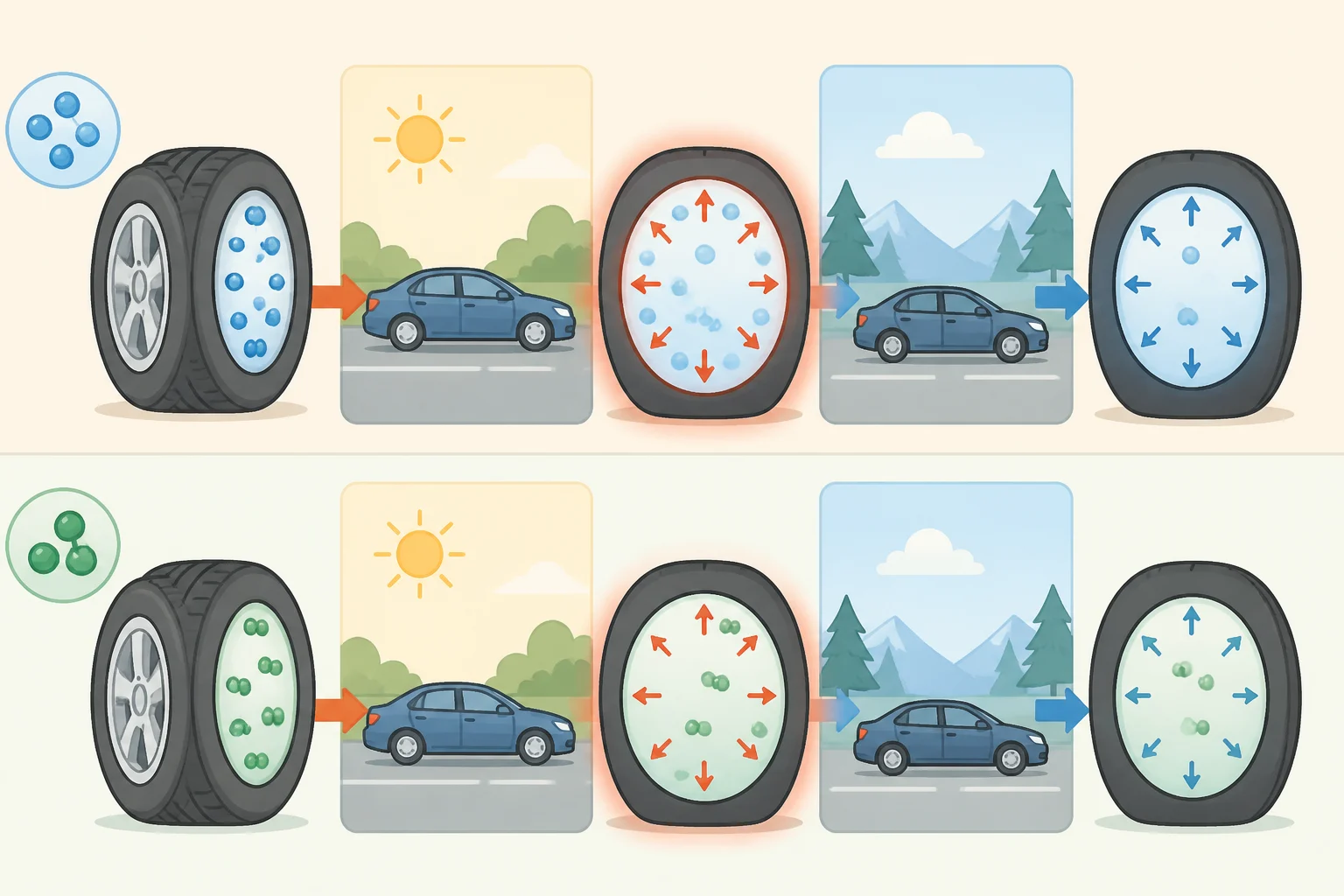 Graphic showing tire pressure increasing about 1 psi per 6°C temperature rise and then dropping as temperatures fall, demonstrating that both nitrogen and air still need regular pressure checks.