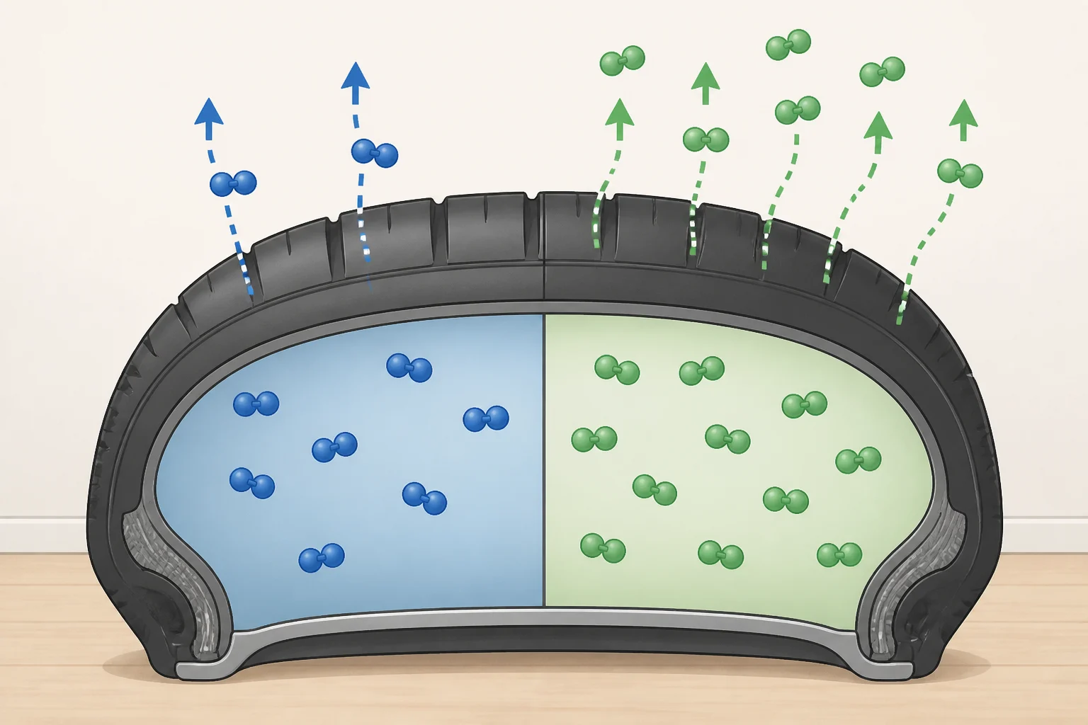 Cross-sectional diagram of a car tire where larger nitrogen molecules move out of the rubber more slowly than smaller oxygen molecules, explaining why nitrogen holds pressure longer.