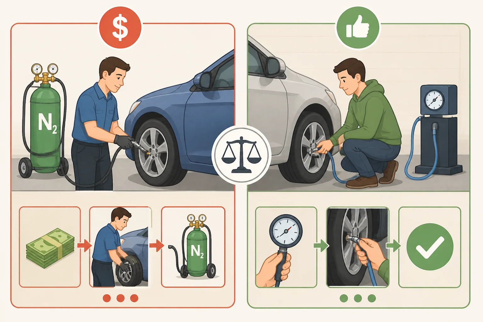 Infographic comparing the cost of nitrogen fills and the inconvenience of finding nitrogen versus using regular air and monthly tire pressure checks for most drivers.