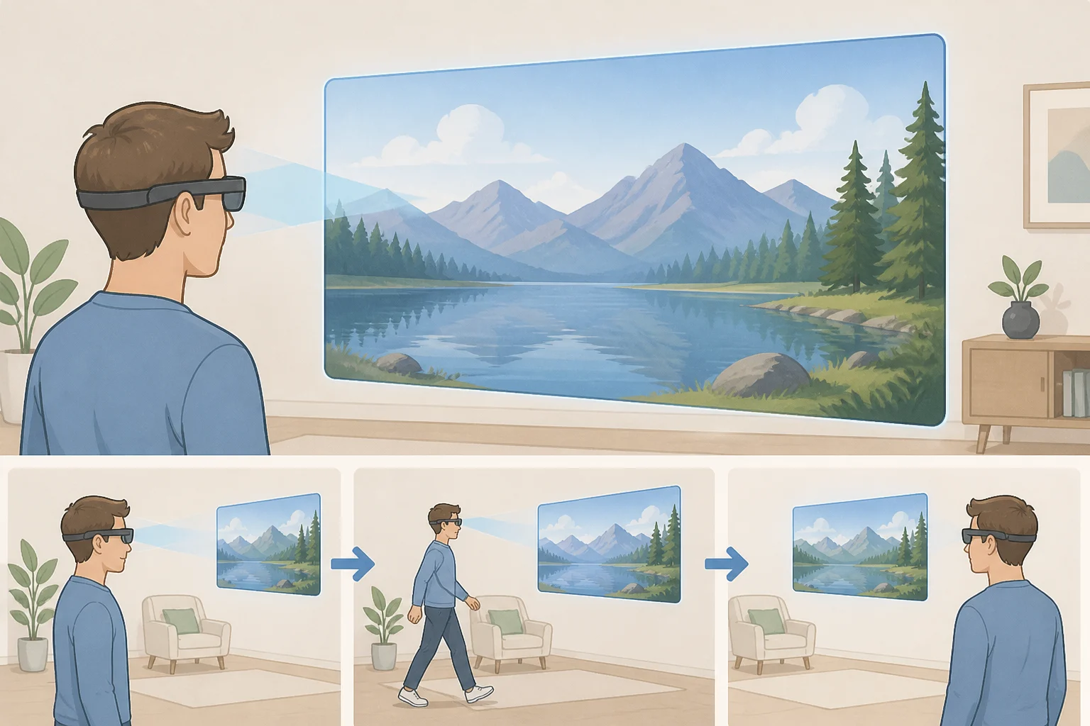 Illustration of ROG XREAL R1 Edition 20 AR glasses projecting a large virtual screen over a user, with head-tracking and an anchored mode shown