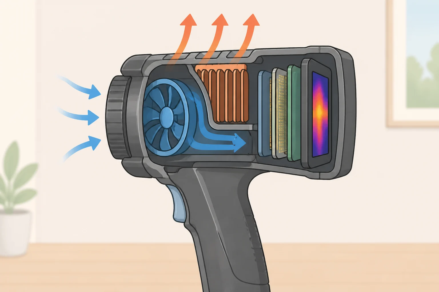 Illustration with callouts of the ROG Xbox Ally X20 internal cooling airflow routes behind the 7.4-inch Nebula HDR OLED panel and through the heatsink toward the processor