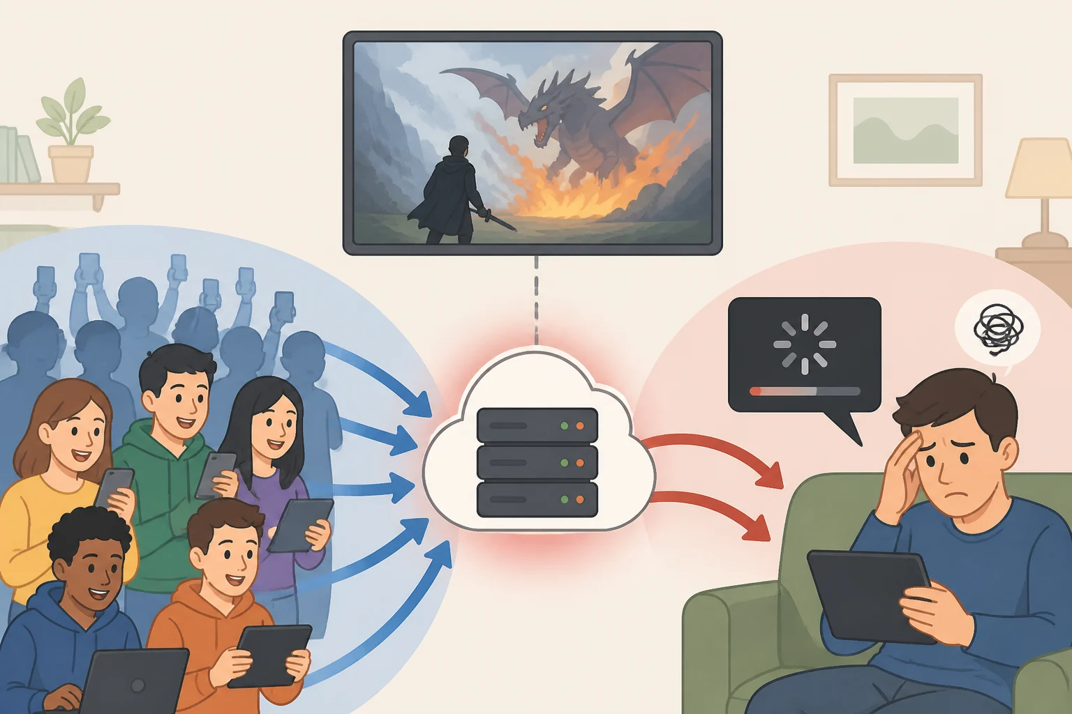An infographic-style illustration summarizing audience load and streaming access issues reported during the GTA 6 launch trailer rollout