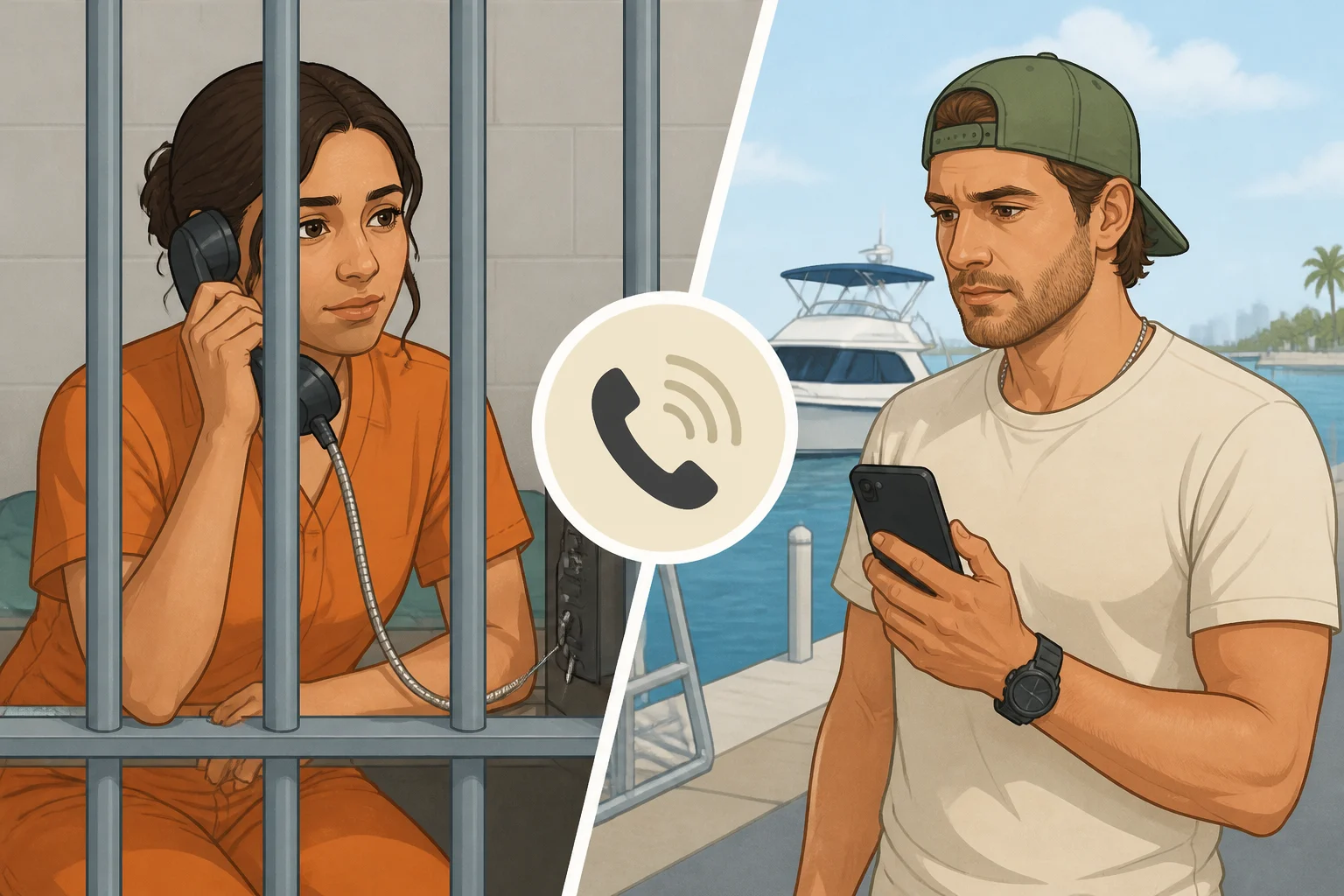 A scene from the GTA 6 launch trailer depicting Lucia behind bars and Jason in a marina receiving a call, highlighting their ongoing connection