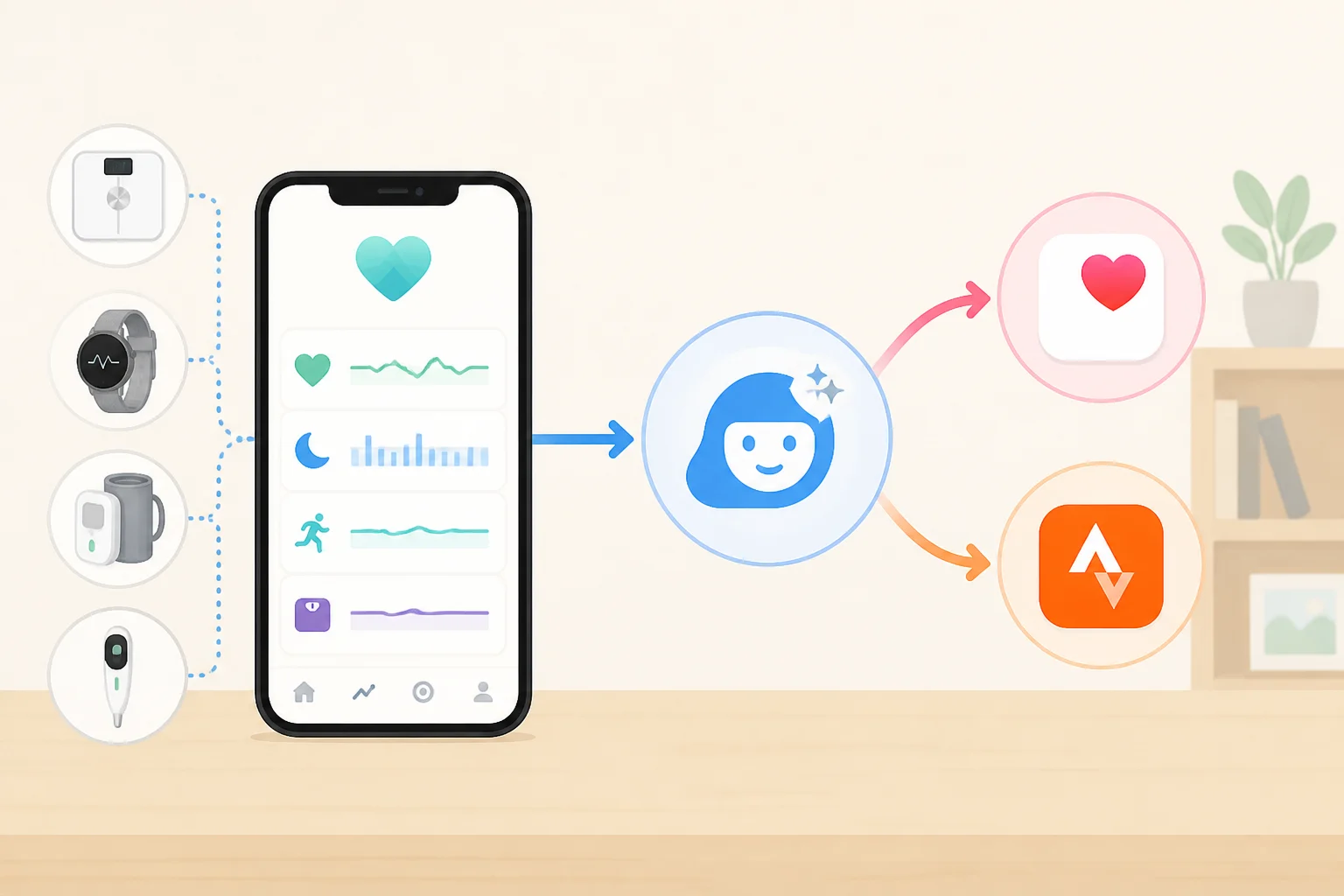 Diagram of Withings health data flow where an in-app AI connector and backend API updates route syncing to Apple Health, Health Connect, or Strava behind the Withings+ paywall.