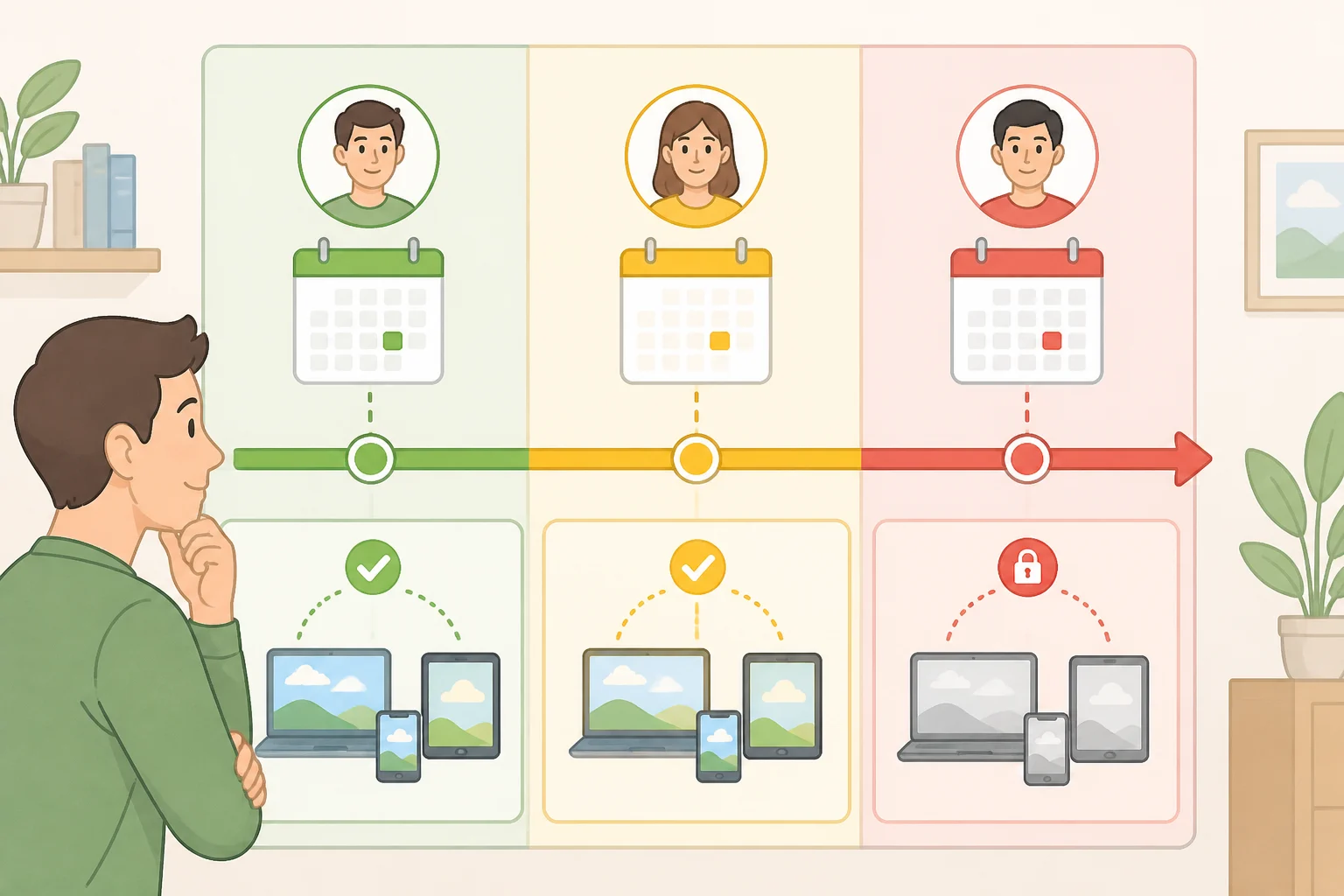 Timeline illustration showing Withings account eligibility for Withings paywall third-party syncing: accounts created on or before Oct 12, 2026 get free automatic Apple Health/Health Connect/Strava sync, while accounts created on Oct 13, 2026 need a Withings+ subscription after the 1-month trial.