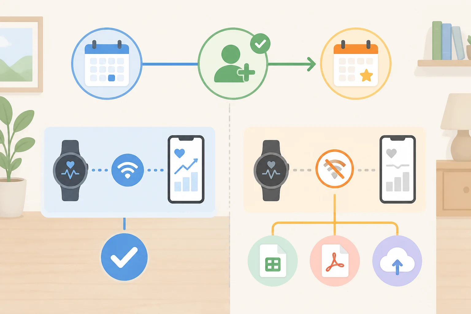 Screen-style illustration showing a Withings account after the one-month trial ends: automatic syncing to Apple Health/Health Connect/Strava pauses, while CSV/PDF export and clinician report sharing still work.