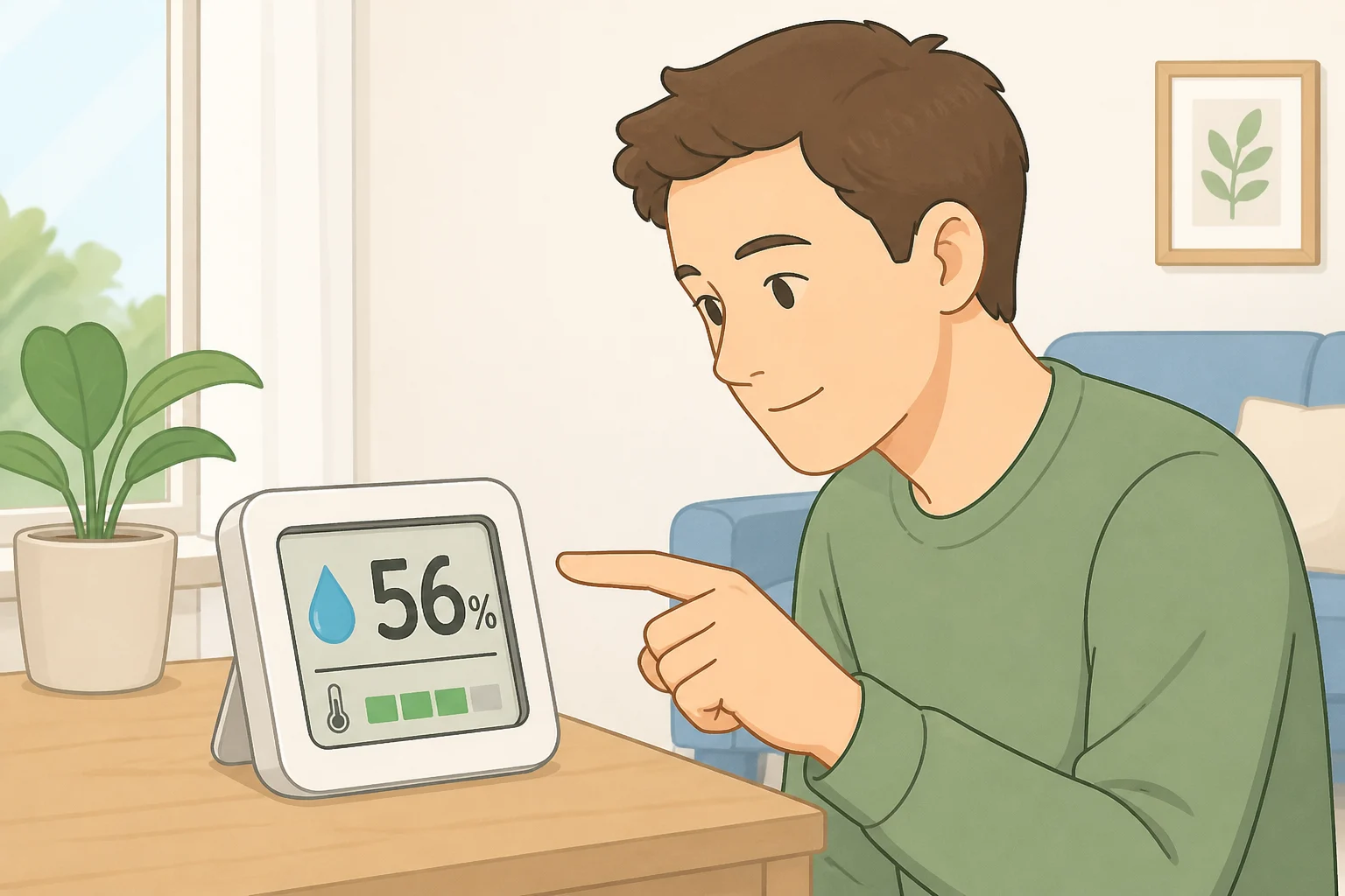 A homeowner reading a digital hygrometer to confirm whether indoor humidity is above 50%, a key part of how to prevent condensation in your home