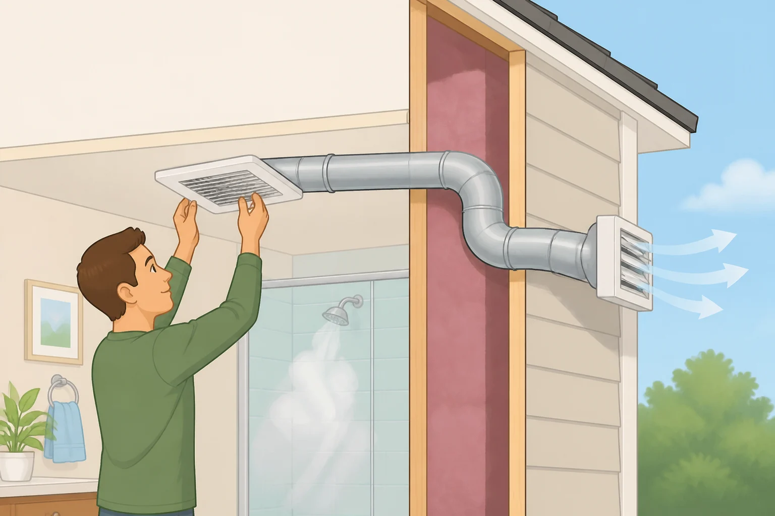 An HVAC layout comparing a bathroom exhaust fan venting outdoors versus a fan duct routed into an attic, highlighting proper moisture ventilation