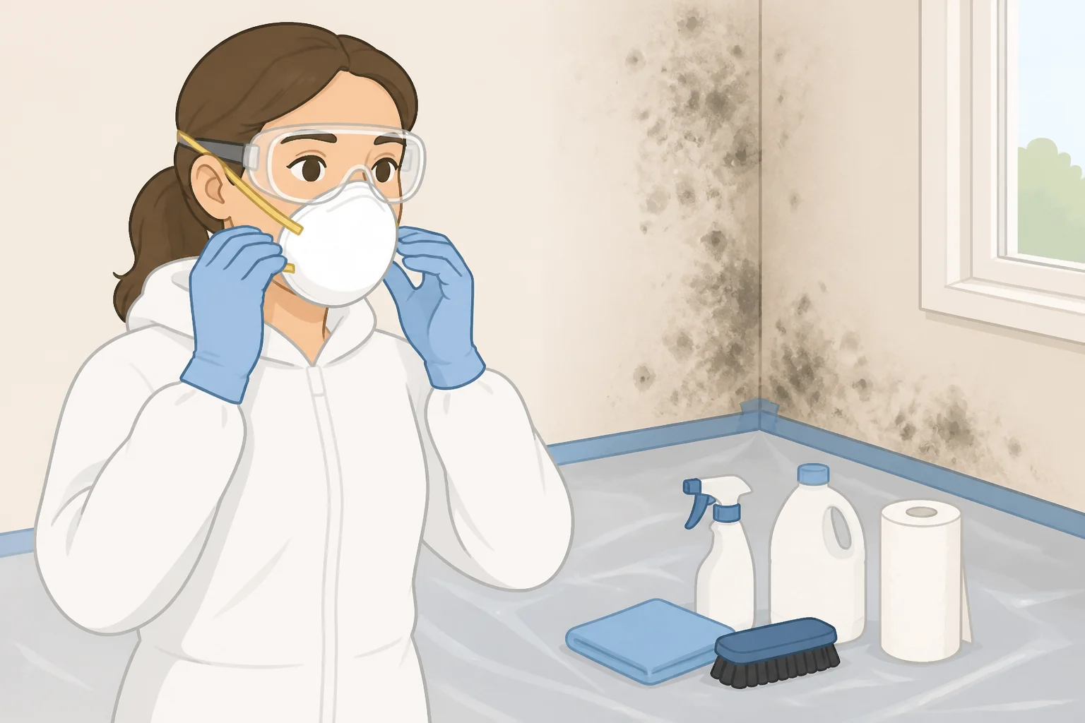 A checklist-style scene showing N95 respirator, gloves, and eye protection before cleaning visible mold on a small affected area with ventilation for safe cleanup