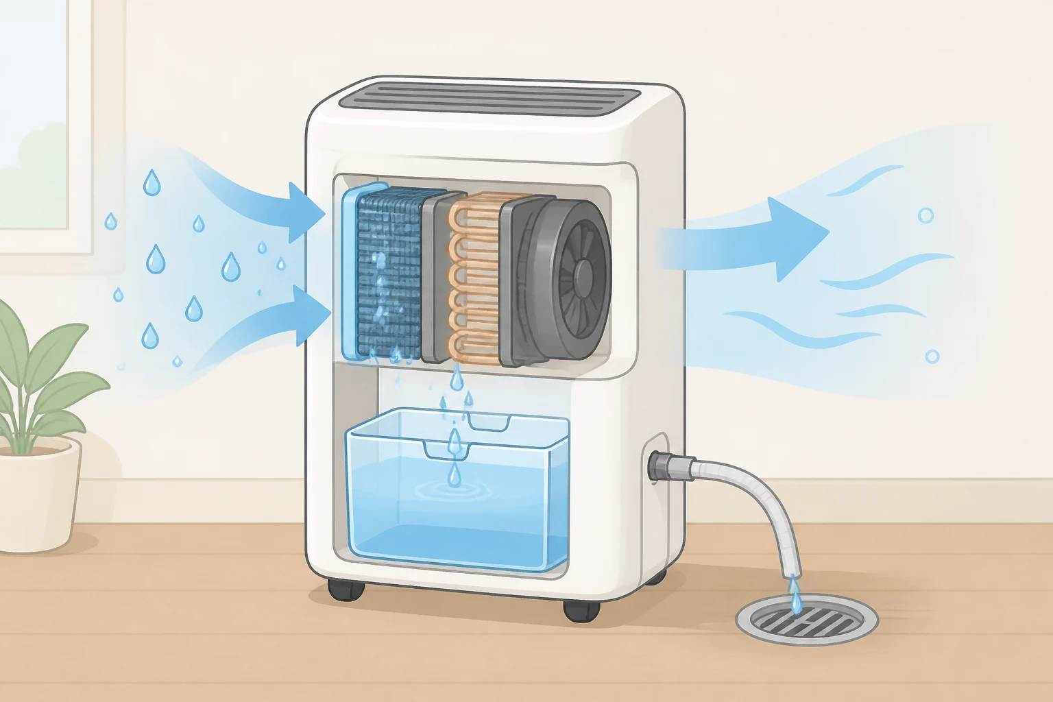 A dehumidifier removing water vapor from a living room with condensation and a full collection tank, showing what to do when humidity readings are high