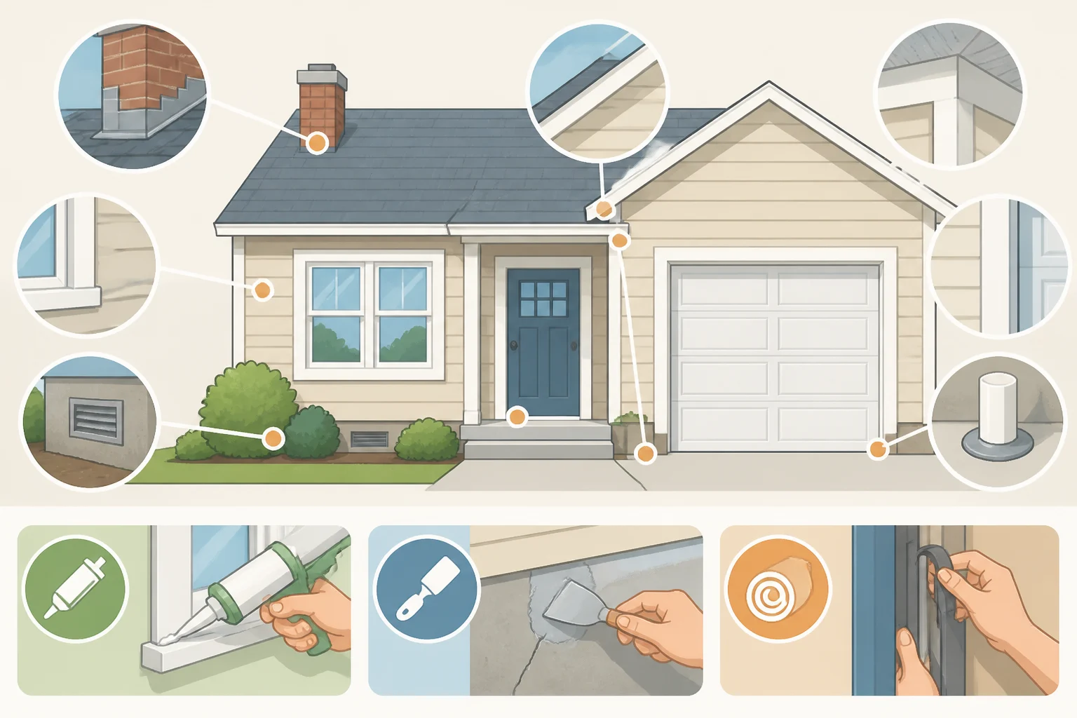 Exterior sealing check illustration marking caulked window trim, siding gaps, soffit seams, utility-line penetrations, repaired screens, and replaced door weatherstripping to prevent fall pests