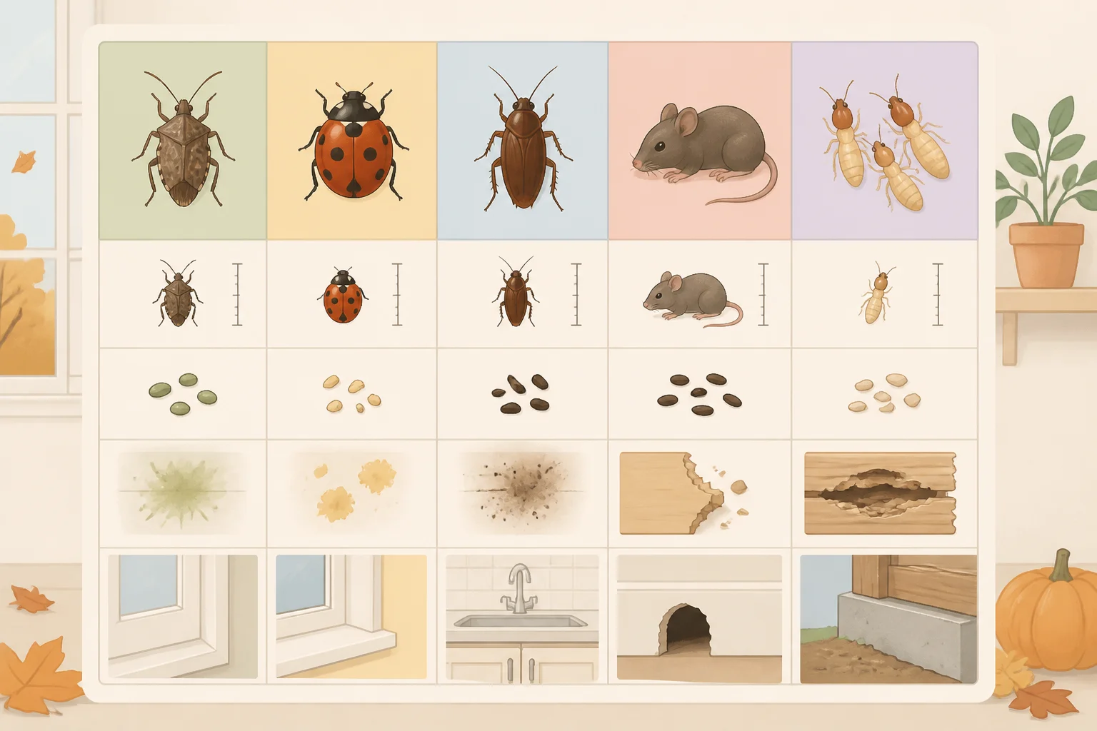 Comparison illustration of common fall pests in homes—orange Asian lady beetles, dull gray cluster flies, rusty elm seed bugs, and metallic blue/black blow flies—highlighting key identification traits