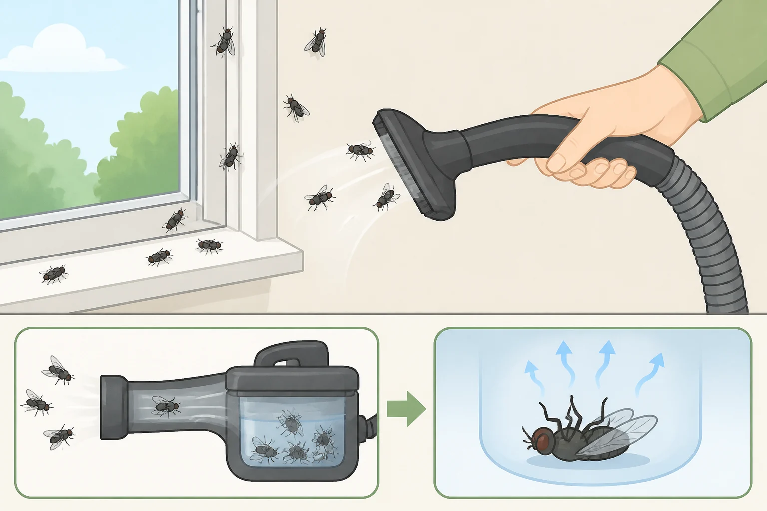 Illustration of a homeowner vacuuming cluster flies around a window, with surrounding wall voids indicated to show why some flies die within weeks while others remain dormant