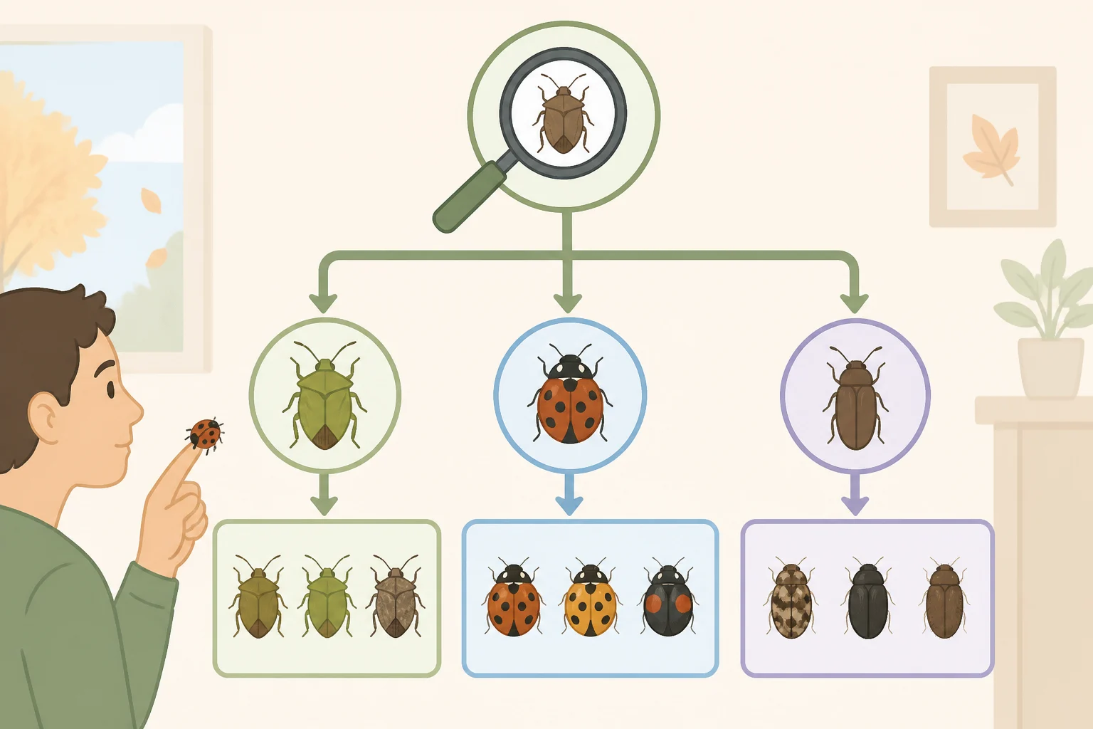 Flowchart-style illustration helping readers decide whether tiny flies near fruit and drains, metallic blue or dark flies multiplying daily, or window-and-wall clusterers are the issue when learning how to get rid of fall bugs in your house