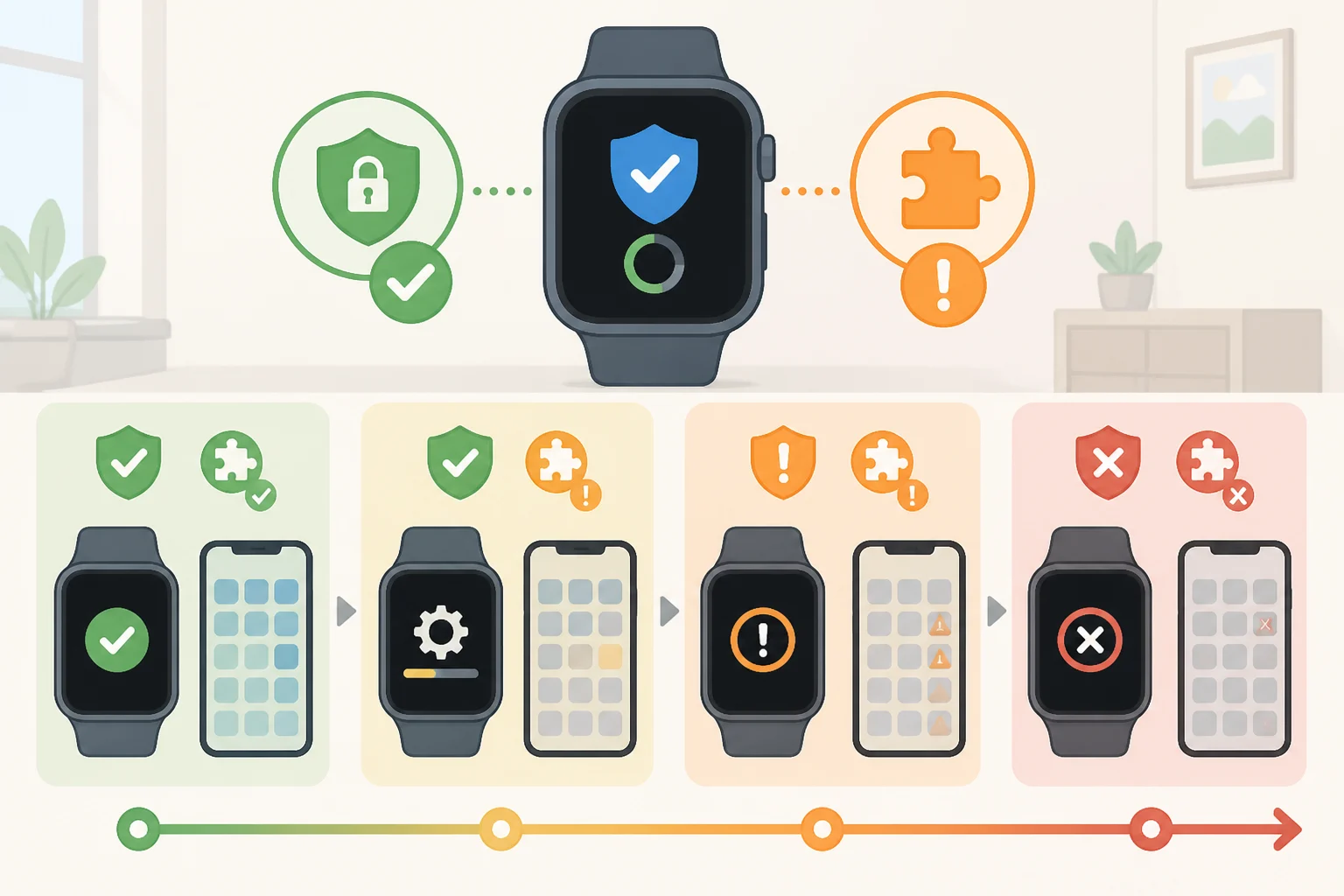 Illustration of a smartwatch showing a paused security-patch icon and an alert about companion-app compatibility risk after TAG Heuer Connected smartwatch discontinued support