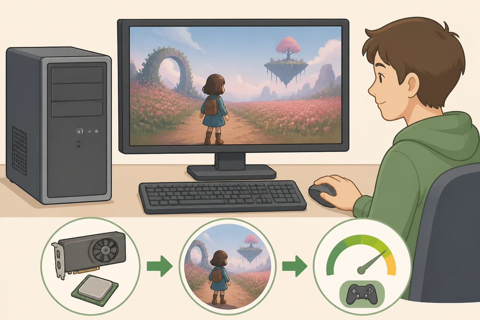 Screenshot-style illustration of Dreaming Sarah running at stable frame rate on an older GTX 1050 Ti paired with an Intel Core i5-7500, demonstrating a proof of concept for AnyPS5 PS5 games on PC