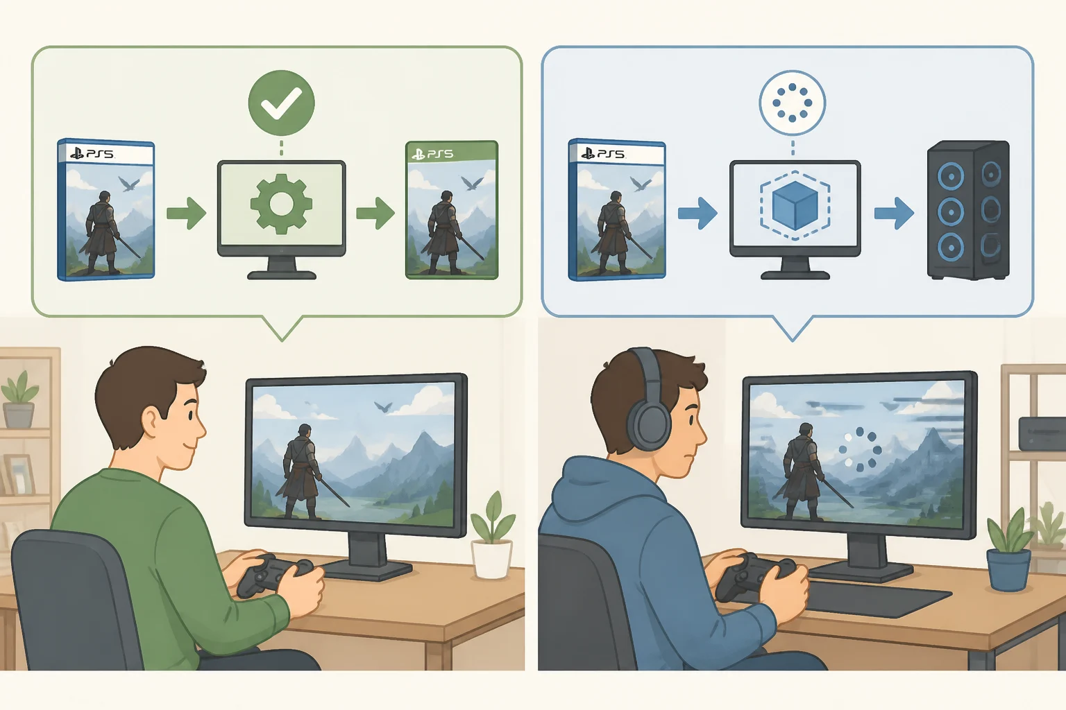 Side-by-side comparison graphic showing AnyPS5's one-time binary relinking versus KyTy PS5 and SharpEmu real-time emulation, including differing stability and performance outcomes