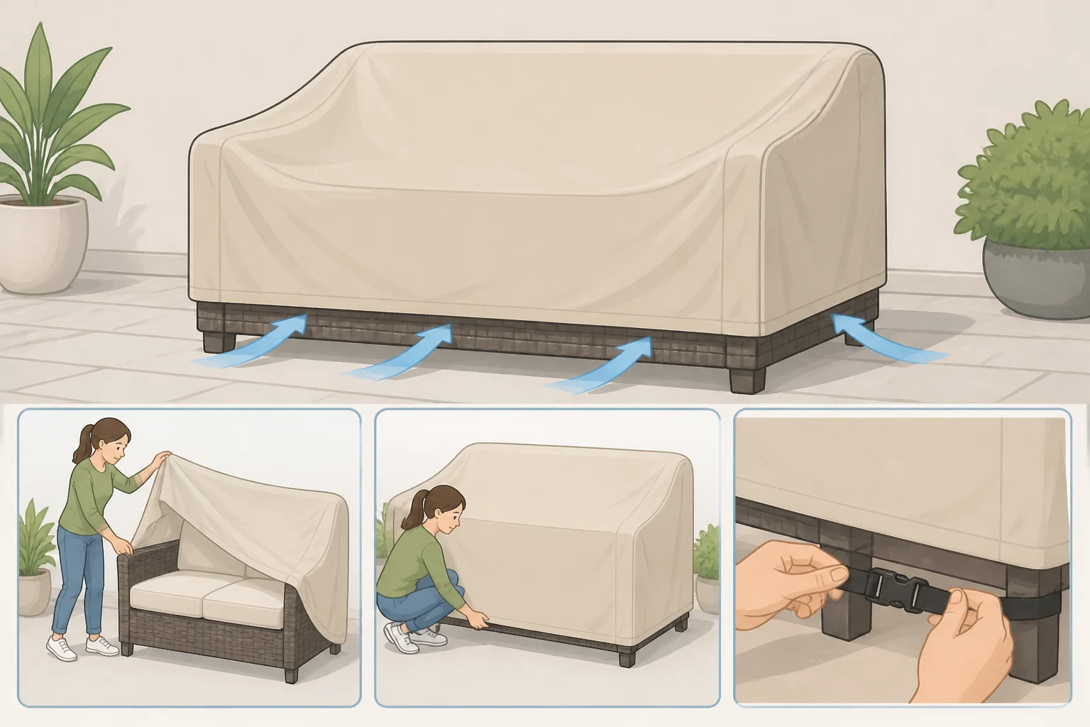 Breathable, water-resistant outdoor furniture cover fitted with a small bottom gap for airflow and straps secured to prevent wind lift