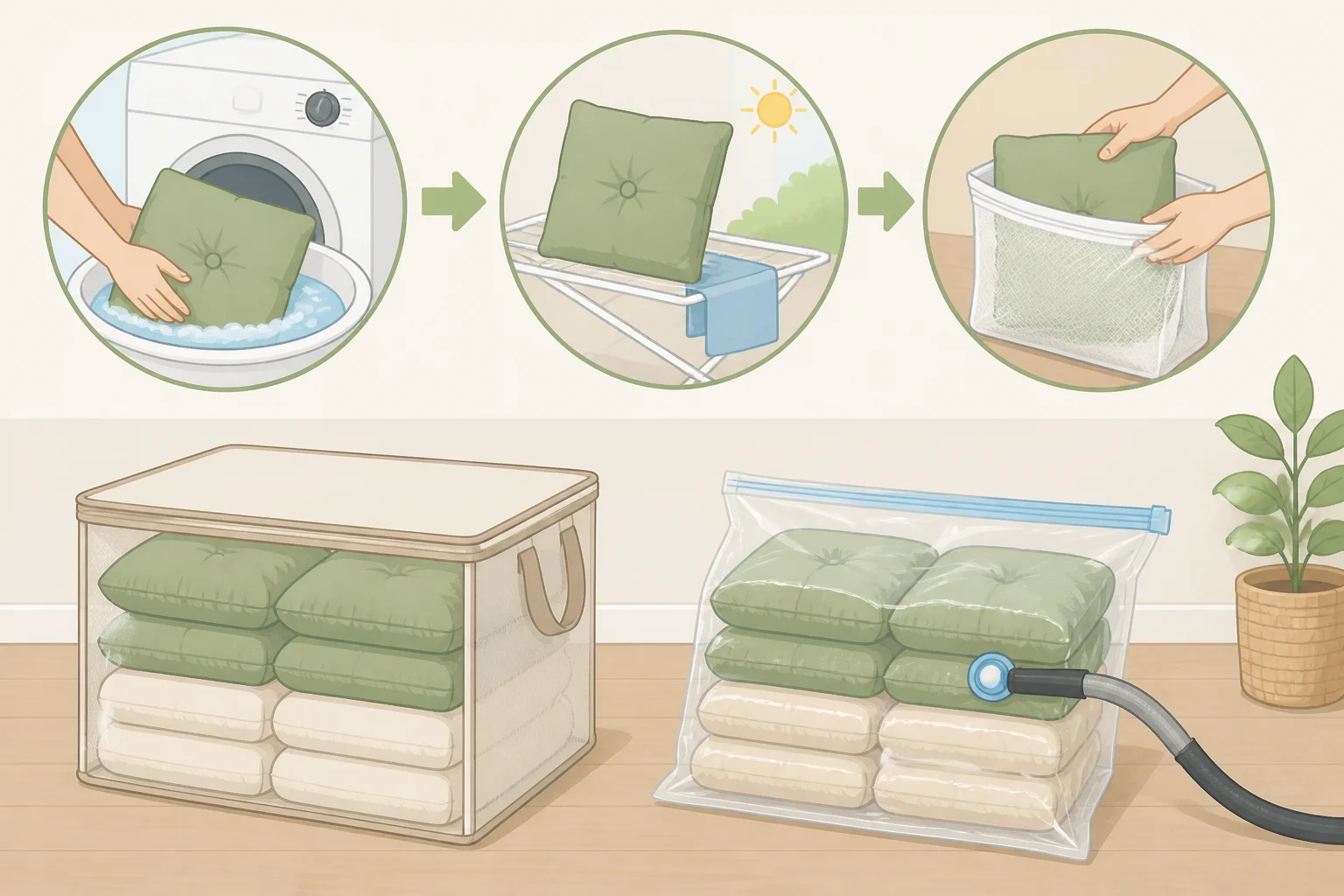 Cushions washed and fully dried, then placed into breathable or vacuum-sealed storage bags in an indoor tote